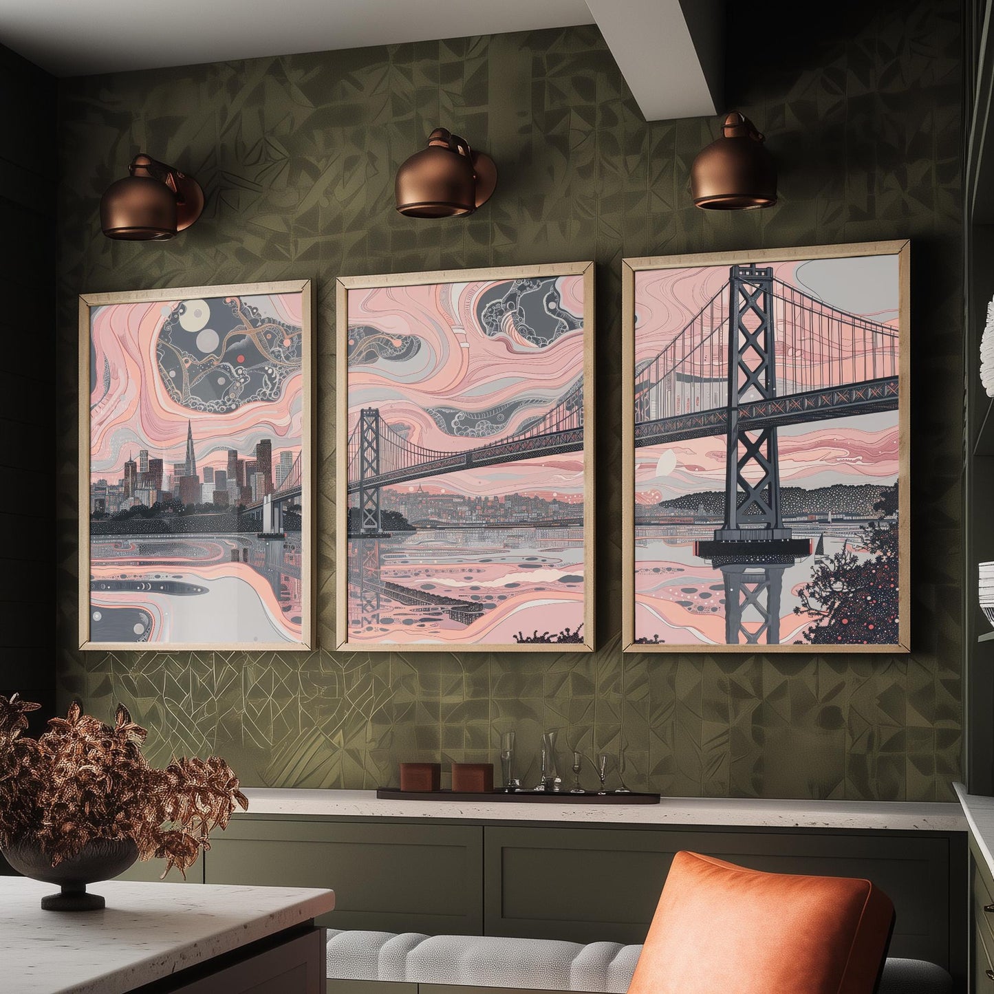 San Francisco USA Set of Three Art Prints | Golden Gate Bridge Wall Art | Pink Grey Poster Illustration