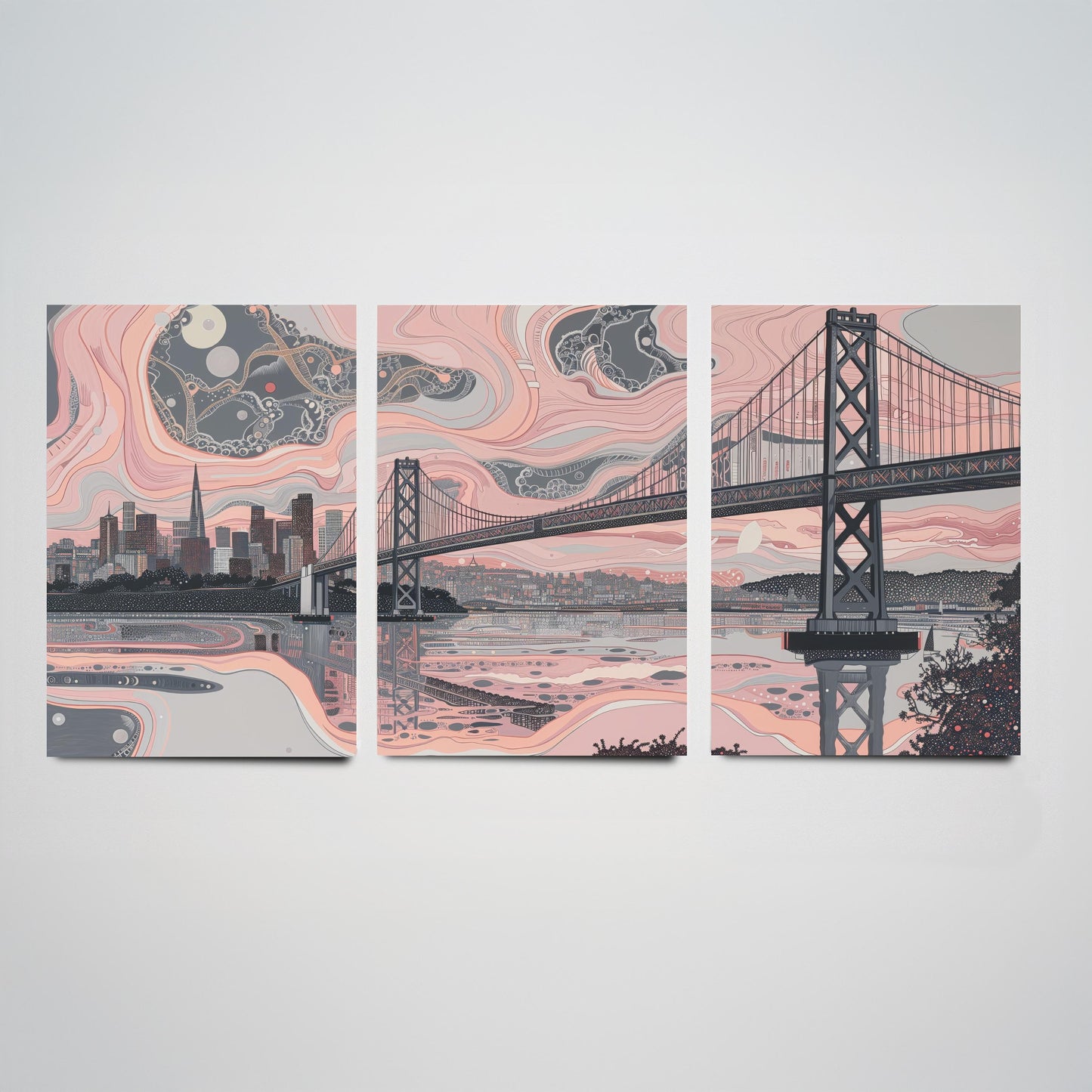 San Francisco USA Set of Three Art Prints | Golden Gate Bridge Wall Art | Pink Grey Poster Illustration
