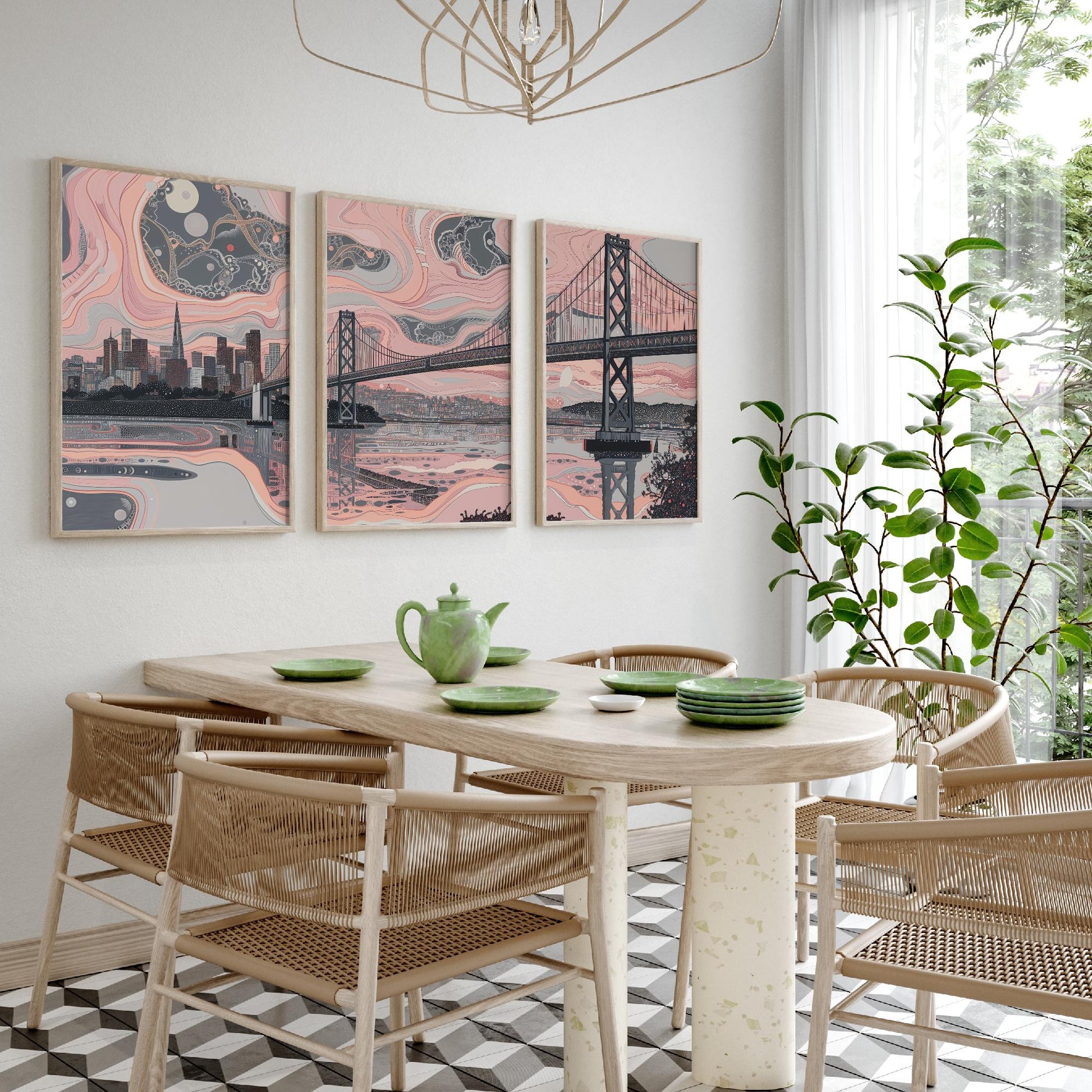 San Francisco USA Set of Three Art Prints | Golden Gate Bridge Wall Art | Pink Grey Poster Illustration