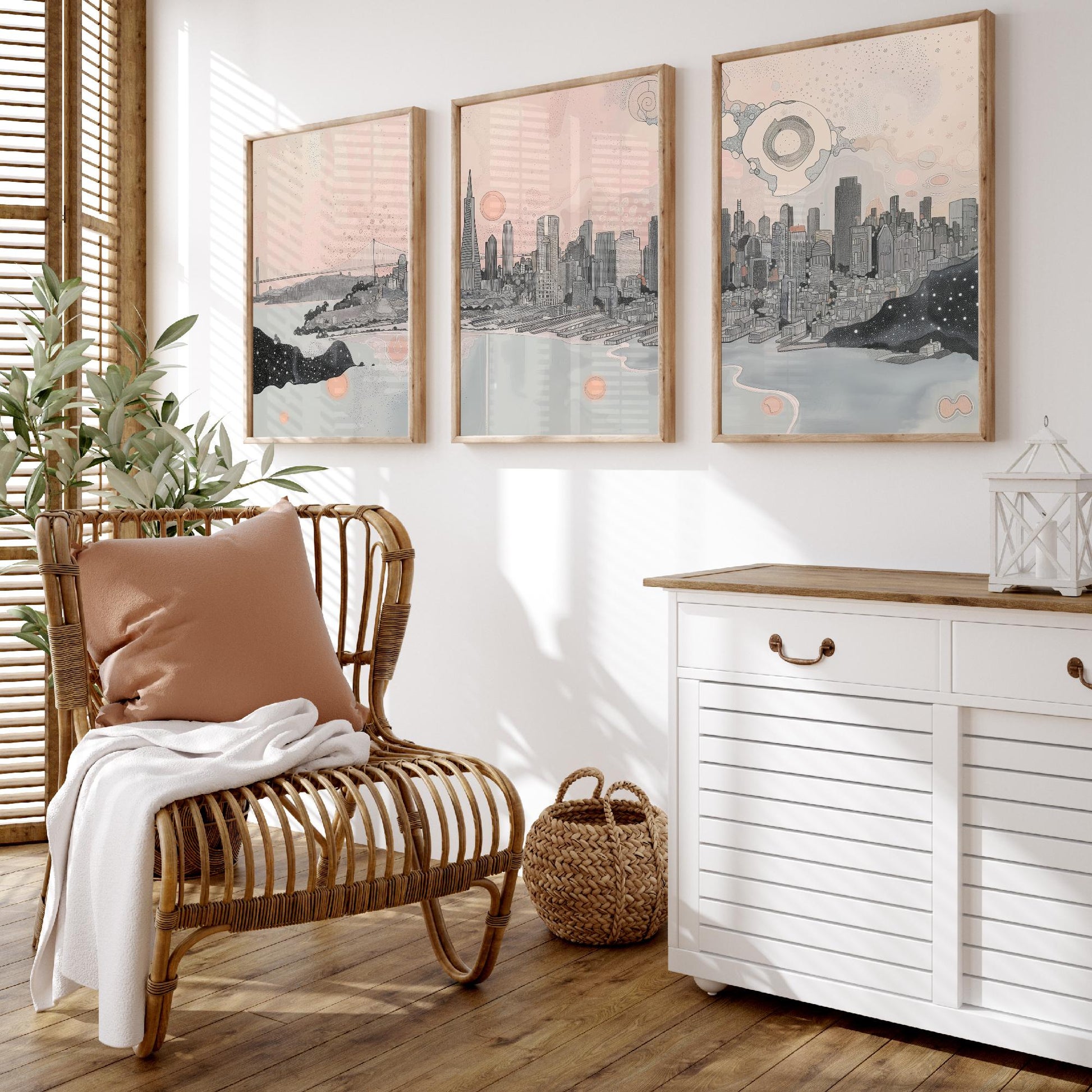San Francisco USA Set of Three Art Prints | Bay Skyline Wall Art | Pink Grey Poster Illustration