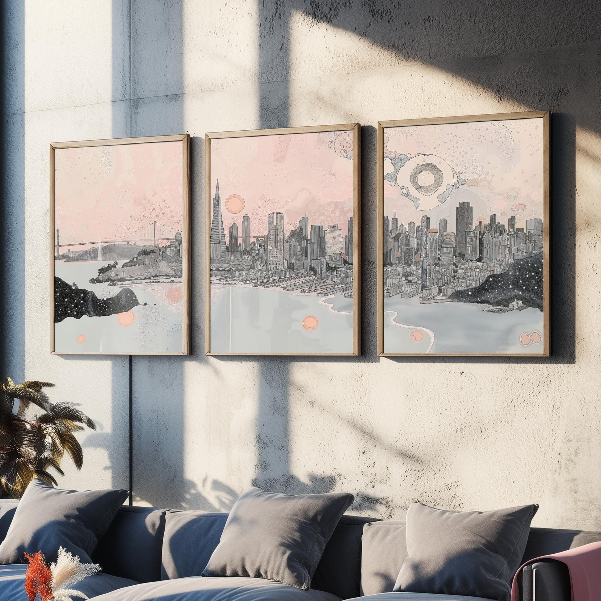 San Francisco USA Set of Three Art Prints | Bay Skyline Wall Art | Pink Grey Poster Illustration