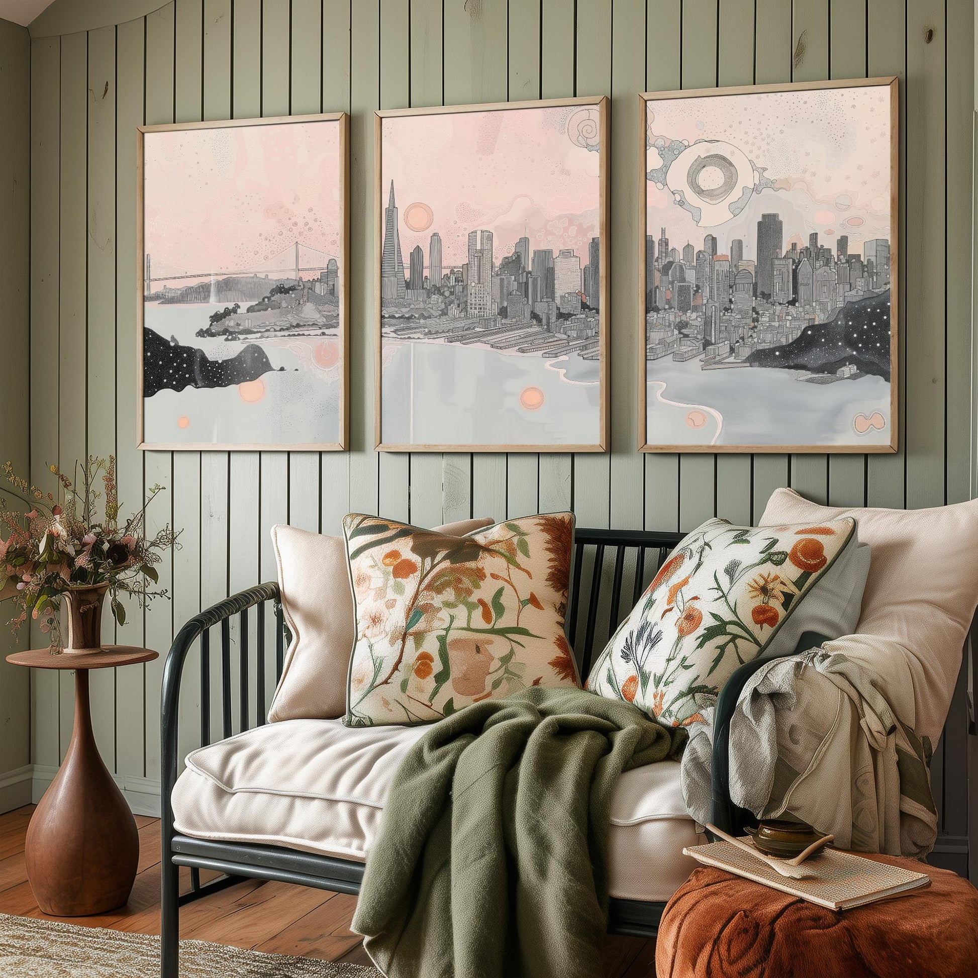 San Francisco USA Set of Three Art Prints | Bay Skyline Wall Art | Pink Grey Poster Illustration