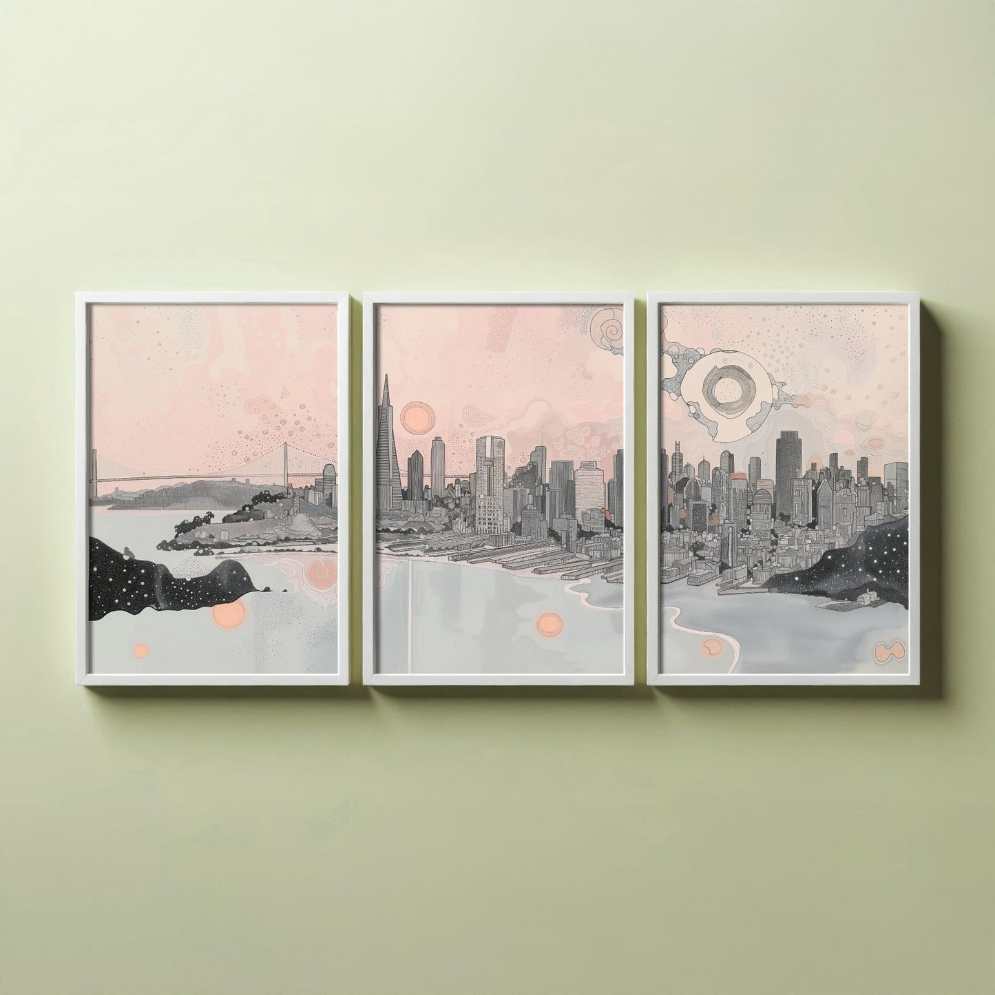 San Francisco USA Set of Three Art Prints | Bay Skyline Wall Art | Pink Grey Poster Illustration
