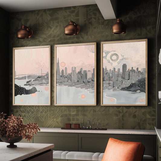 San Francisco USA Set of Three Art Prints | Bay Skyline Wall Art | Pink Grey Poster Illustration