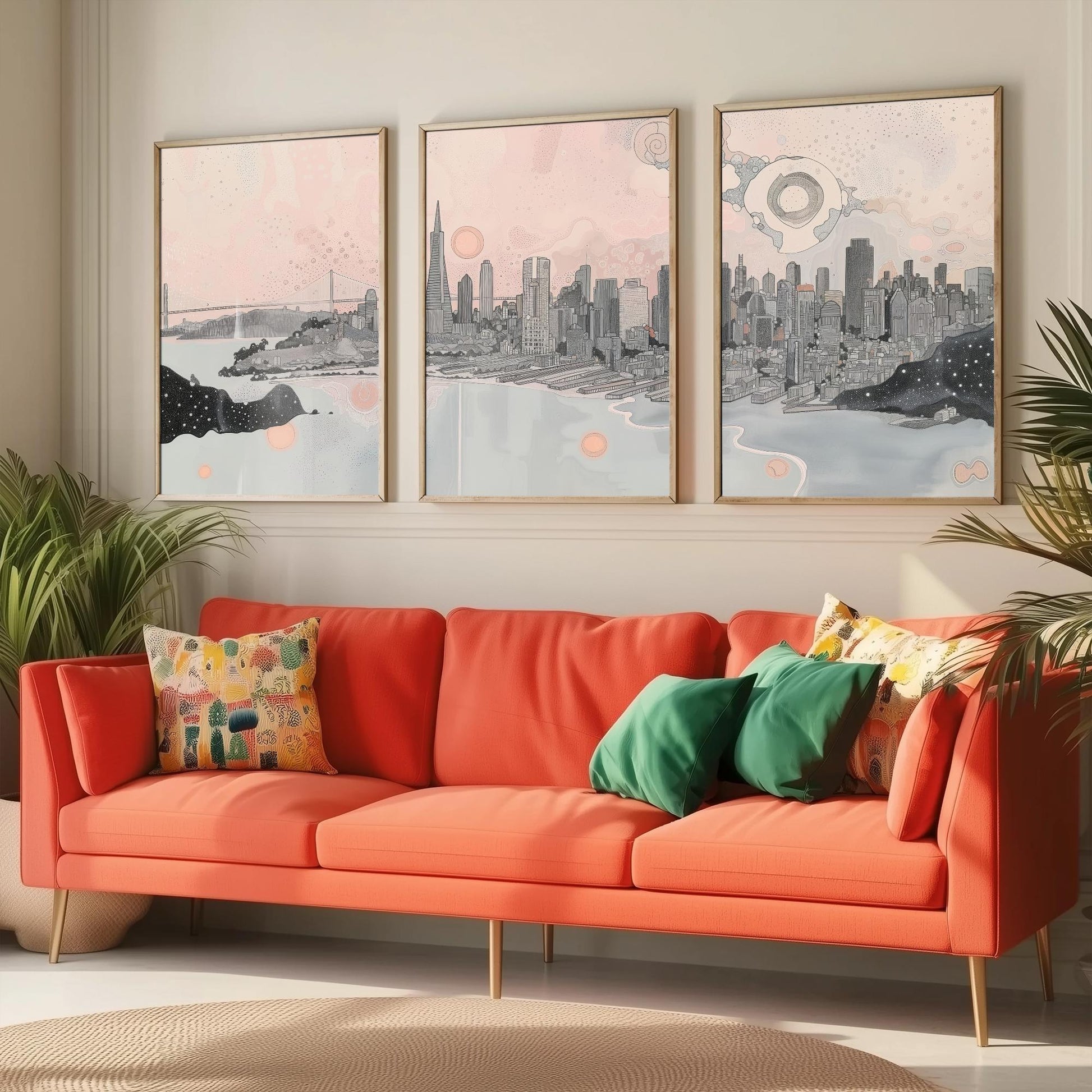 San Francisco USA Set of Three Art Prints | Bay Skyline Wall Art | Pink Grey Poster Illustration