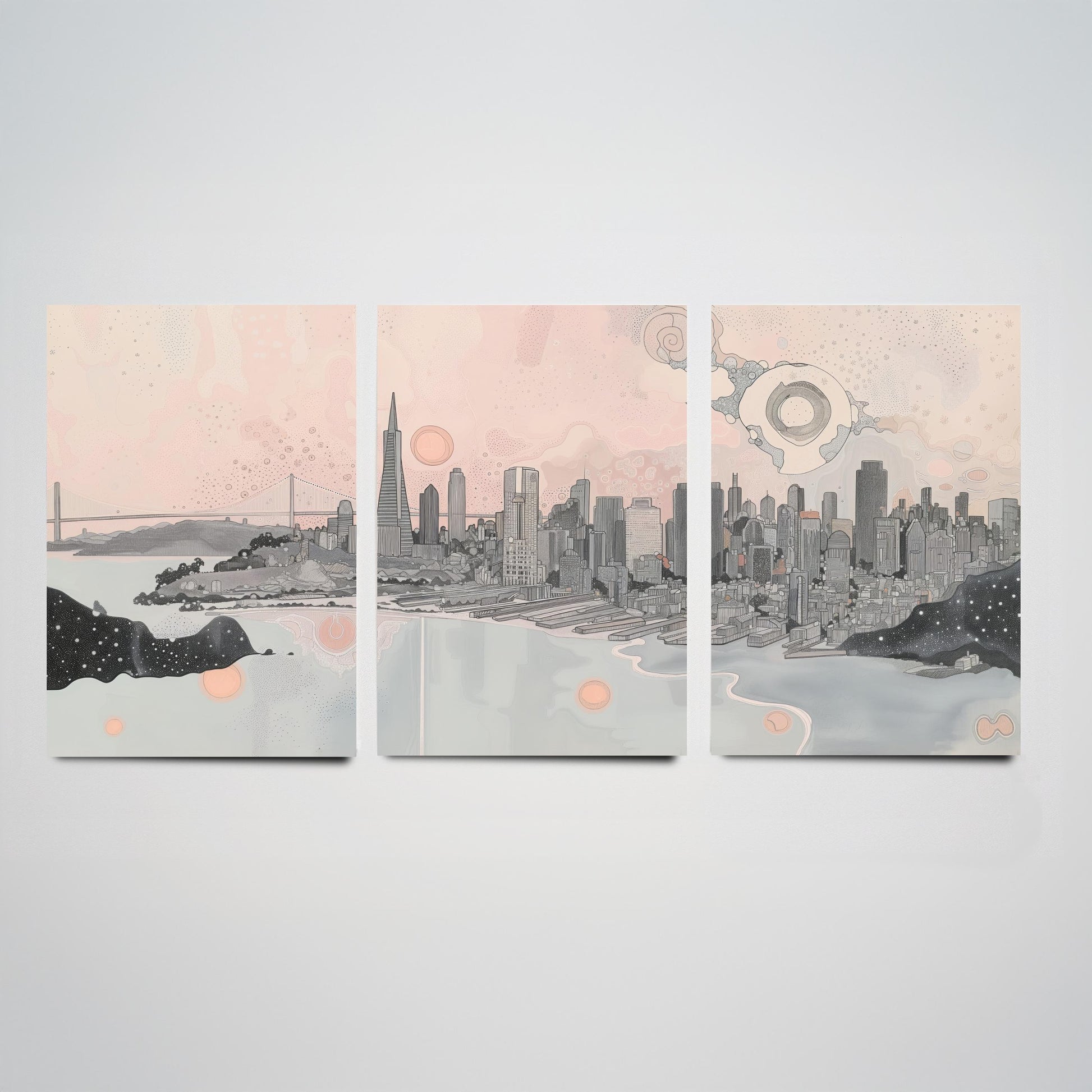 San Francisco USA Set of Three Art Prints | Bay Skyline Wall Art | Pink Grey Poster Illustration