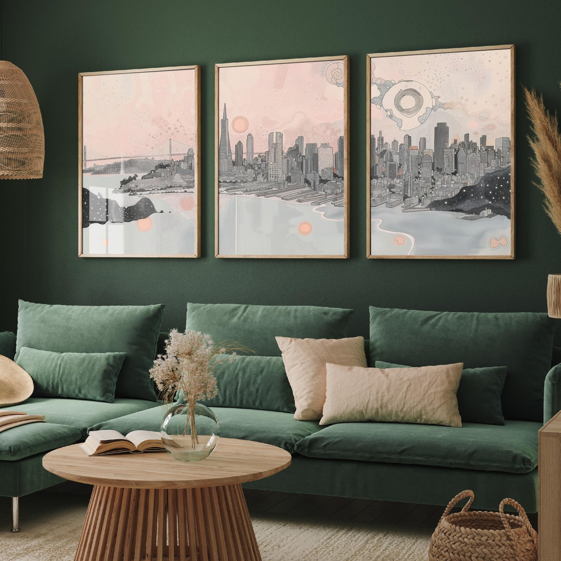 San Francisco USA Set of Three Art Prints | Bay Skyline Wall Art | Pink Grey Poster Illustration