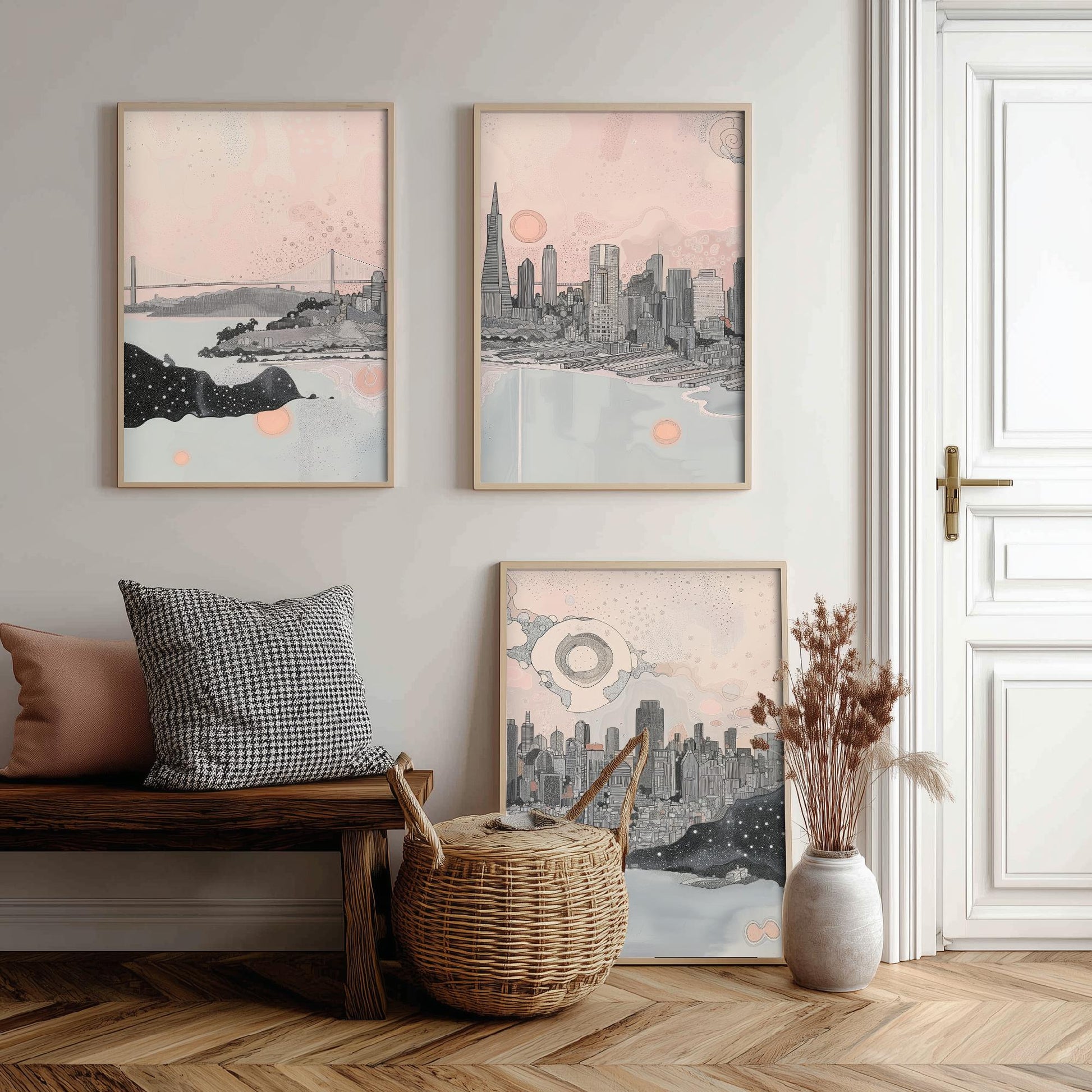San Francisco USA Set of Three Art Prints | Bay Skyline Wall Art | Pink Grey Poster Illustration