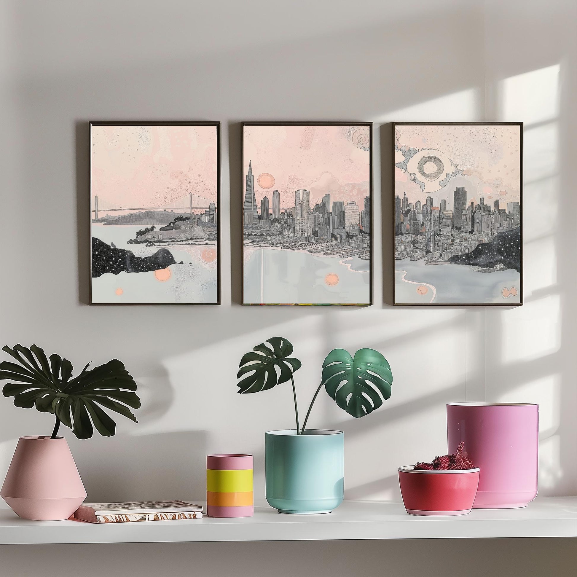 San Francisco USA Set of Three Art Prints | Bay Skyline Wall Art | Pink Grey Poster Illustration