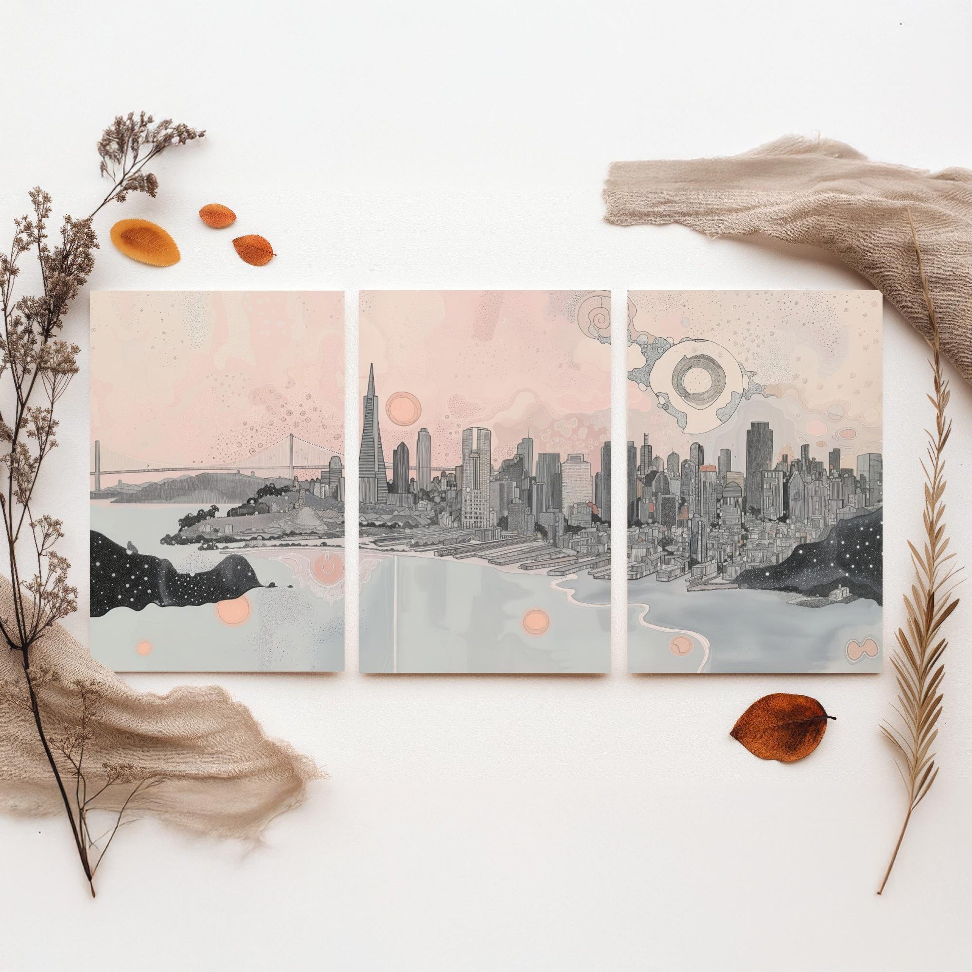 San Francisco USA Set of Three Art Prints | Bay Skyline Wall Art | Pink Grey Poster Illustration