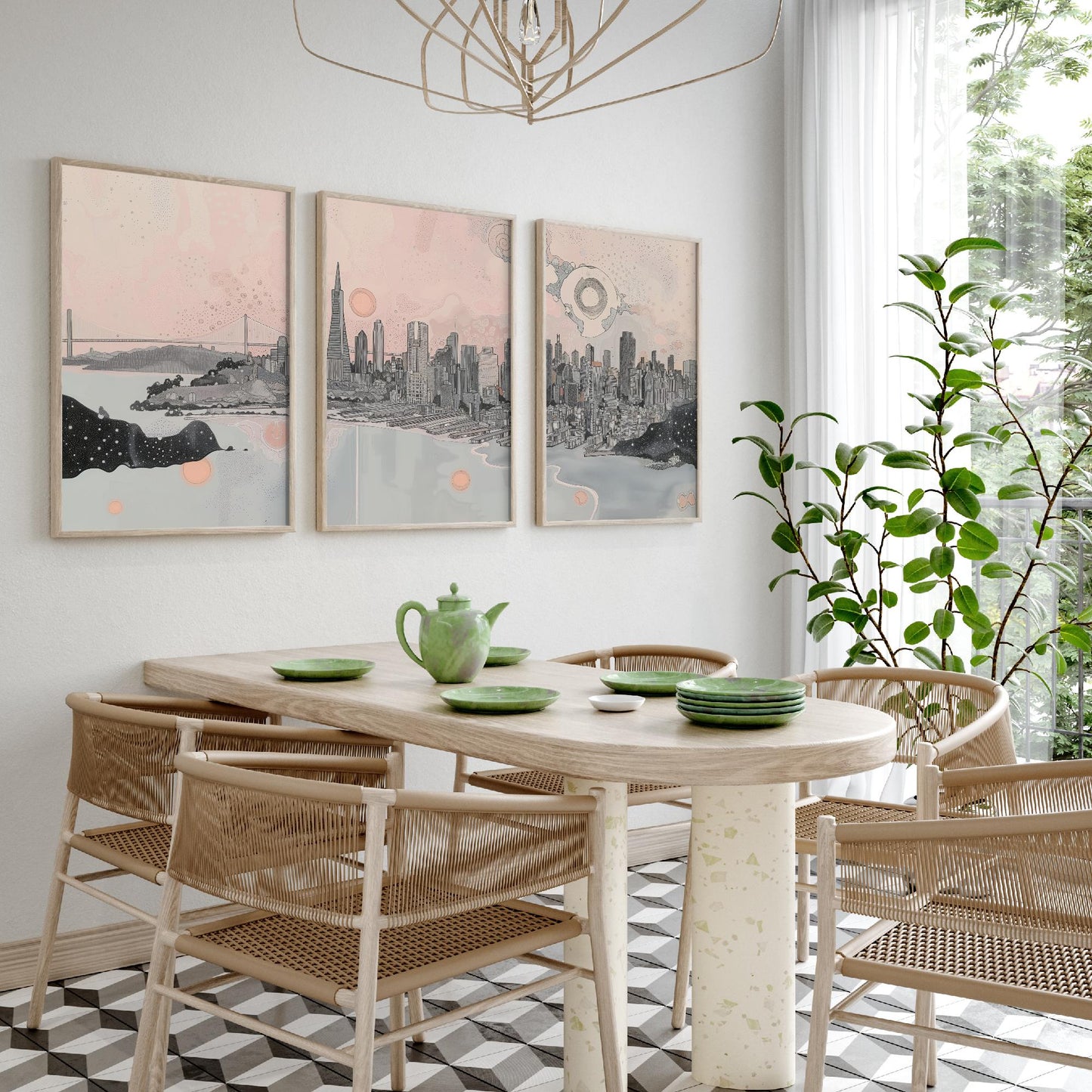 San Francisco USA Set of Three Art Prints | Bay Skyline Wall Art | Pink Grey Poster Illustration