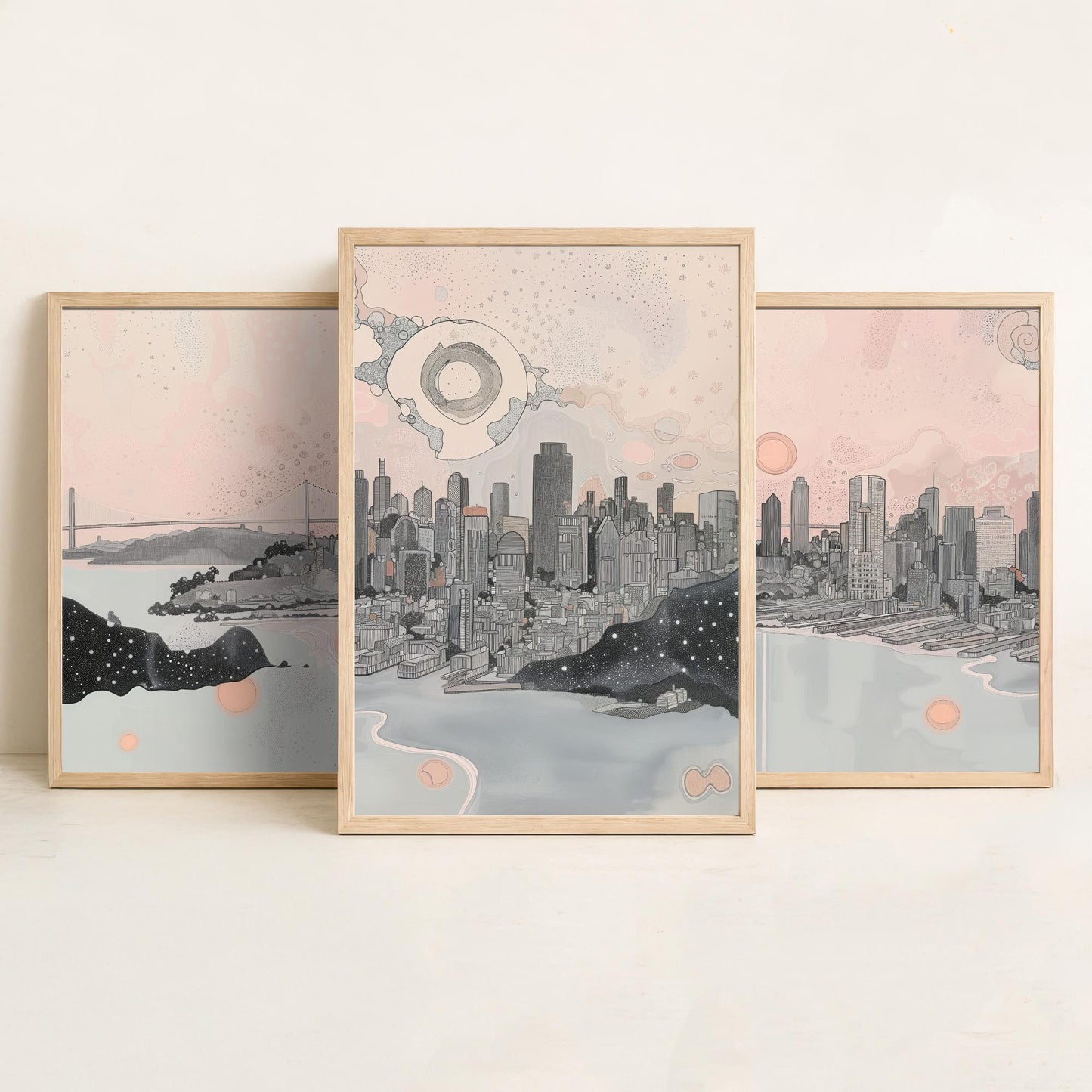 San Francisco USA Set of Three Art Prints | Bay Skyline Wall Art | Pink Grey Poster Illustration