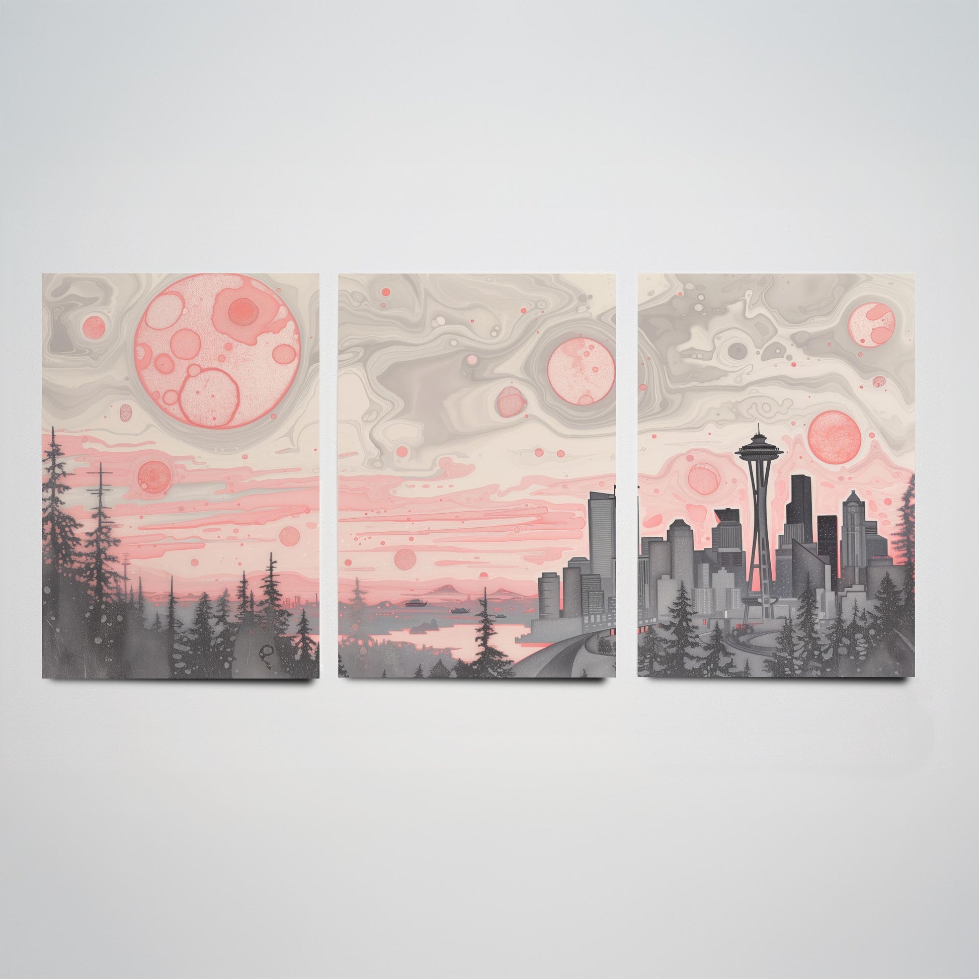 Seattle USA Set of Three Art Prints | Space Needle Skyline Wall Art | Pink Grey Poster Illustration