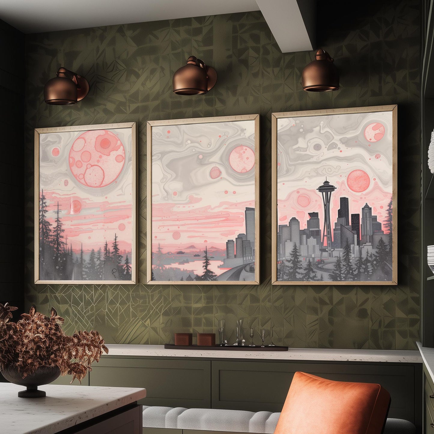 Seattle USA Set of Three Art Prints | Space Needle Skyline Wall Art | Pink Grey Poster Illustration