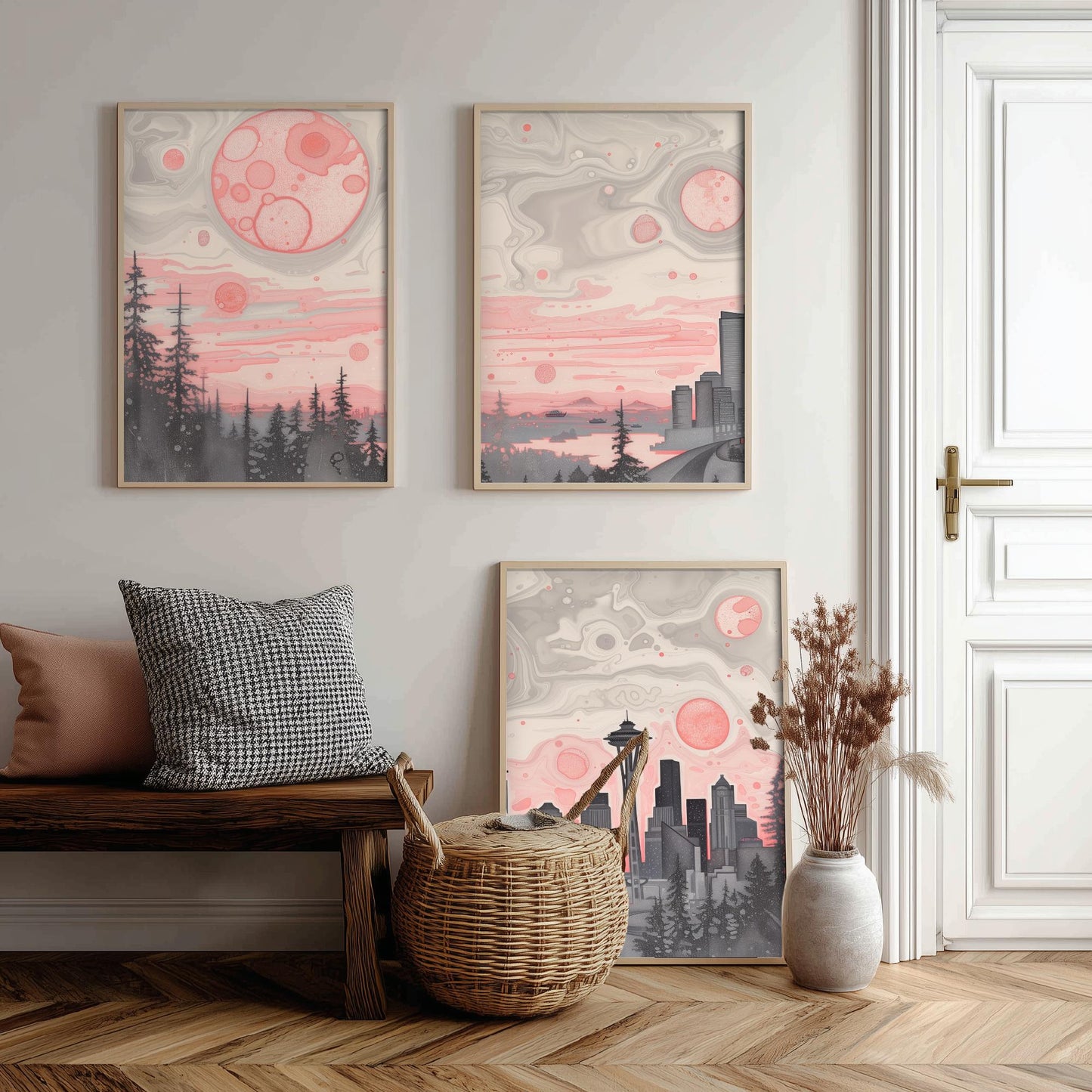 Seattle USA Set of Three Art Prints | Space Needle Skyline Wall Art | Pink Grey Poster Illustration