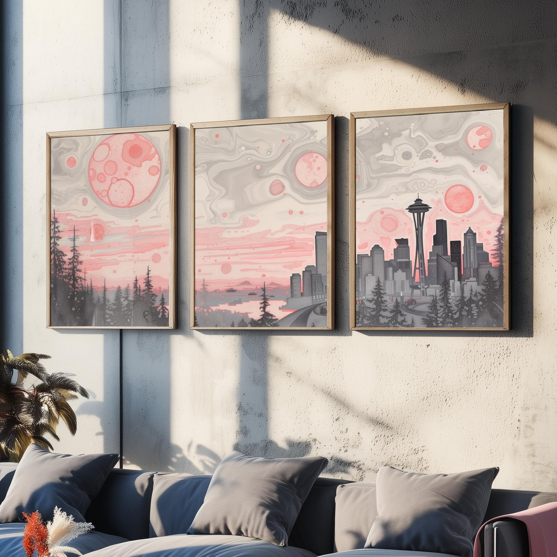 Seattle USA Set of Three Art Prints | Space Needle Skyline Wall Art | Pink Grey Poster Illustration