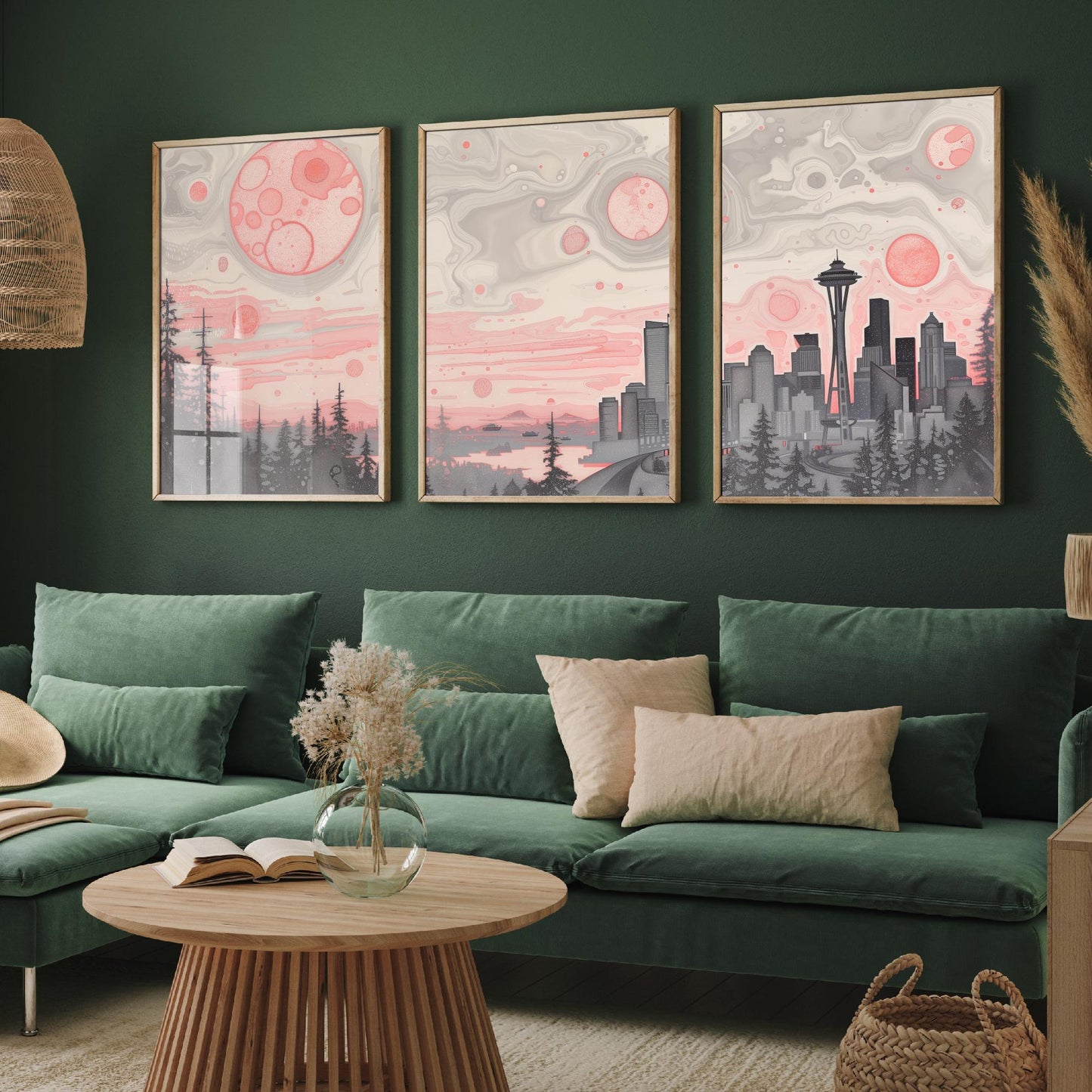 Seattle USA Set of Three Art Prints | Space Needle Skyline Wall Art | Pink Grey Poster Illustration