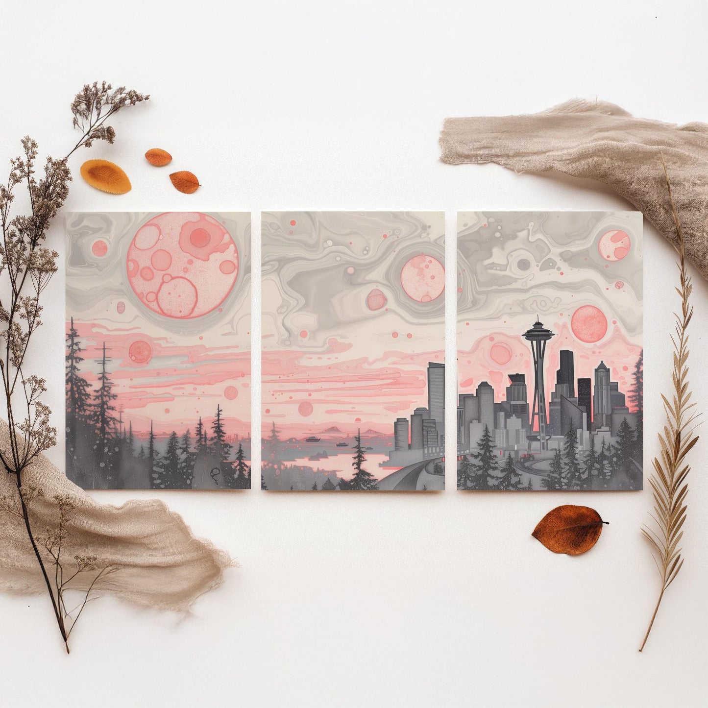 Seattle USA Set of Three Art Prints | Space Needle Skyline Wall Art | Pink Grey Poster Illustration