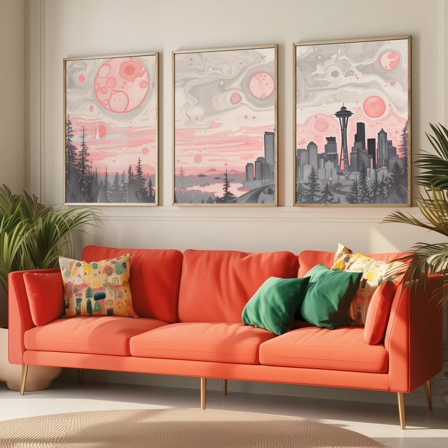 Seattle USA Set of Three Art Prints | Space Needle Skyline Wall Art | Pink Grey Poster Illustration