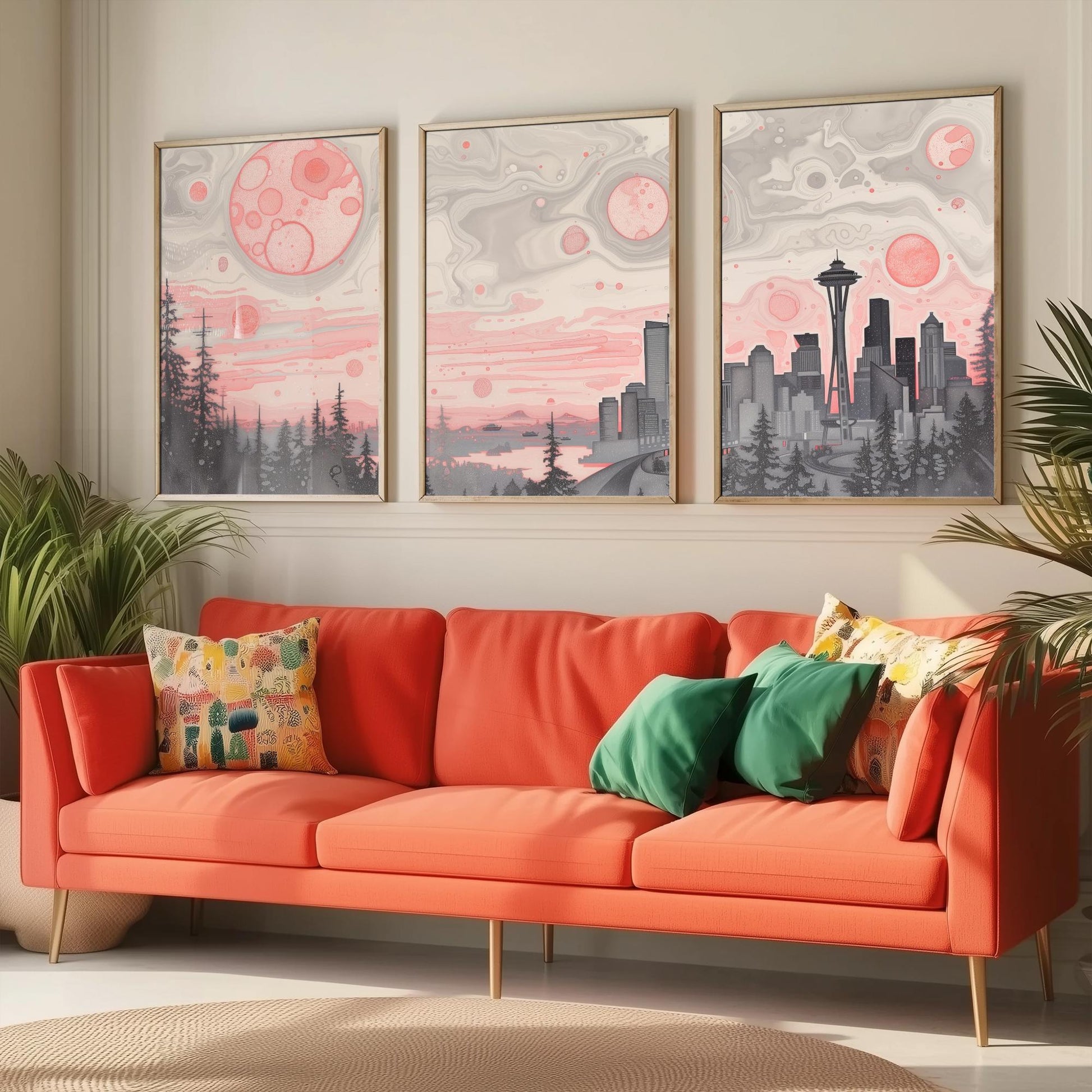 Seattle USA Set of Three Art Prints | Space Needle Skyline Wall Art | Pink Grey Poster Illustration