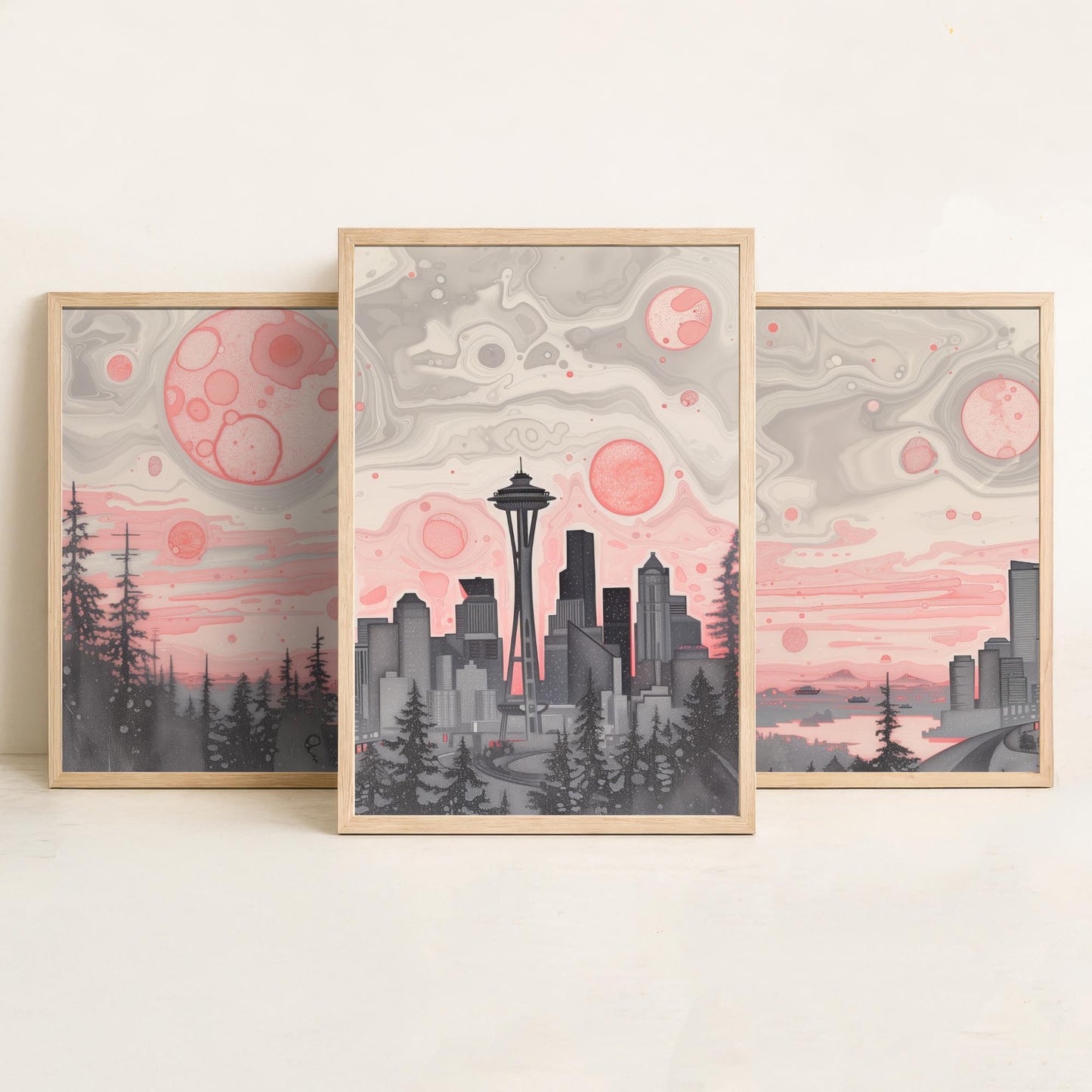 Seattle USA Set of Three Art Prints | Space Needle Skyline Wall Art | Pink Grey Poster Illustration