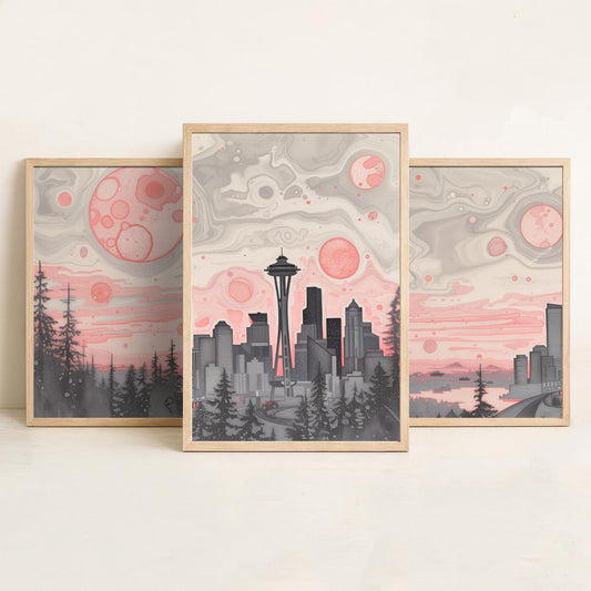 Seattle USA Set of Three Art Prints | Space Needle Skyline Wall Art | Pink Grey Poster Illustration