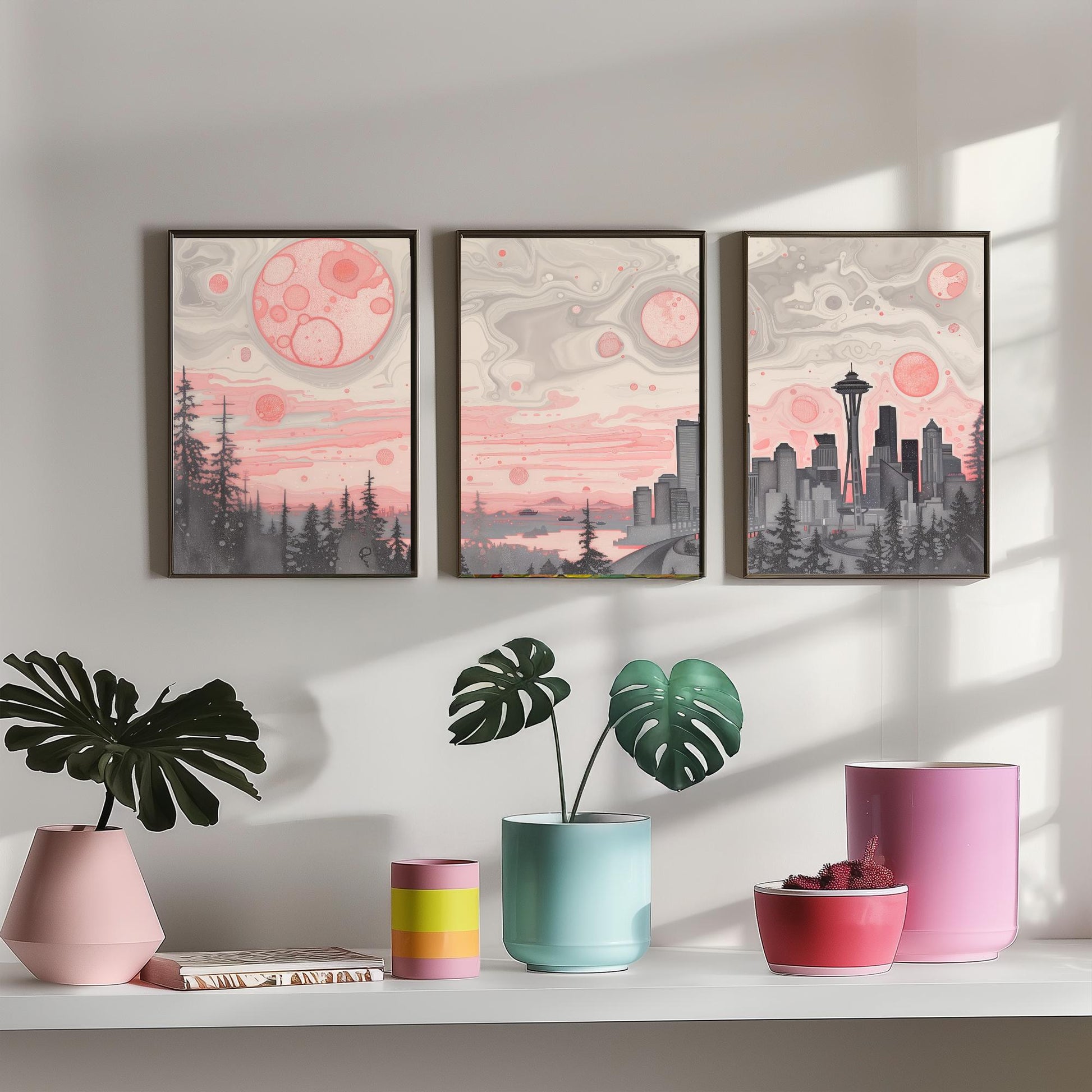 Seattle USA Set of Three Art Prints | Space Needle Skyline Wall Art | Pink Grey Poster Illustration