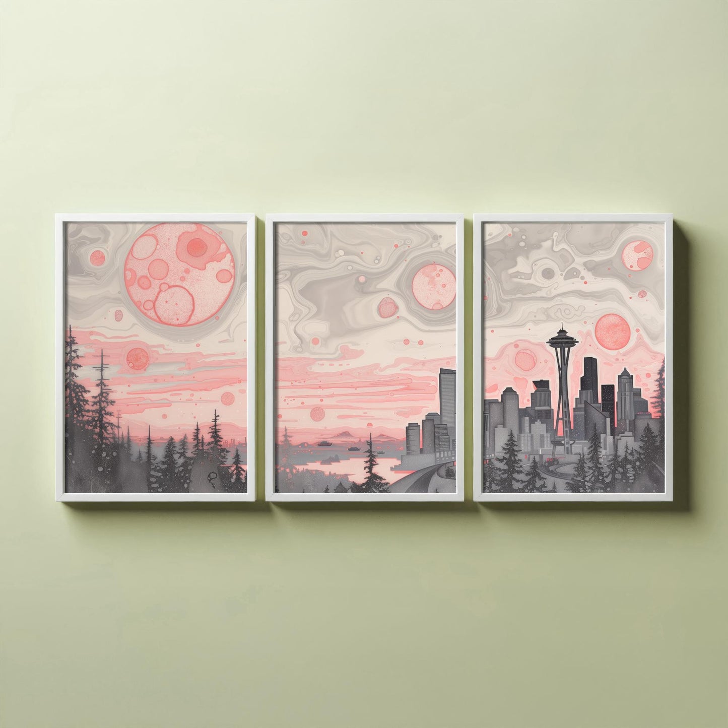 Seattle USA Set of Three Art Prints | Space Needle Skyline Wall Art | Pink Grey Poster Illustration