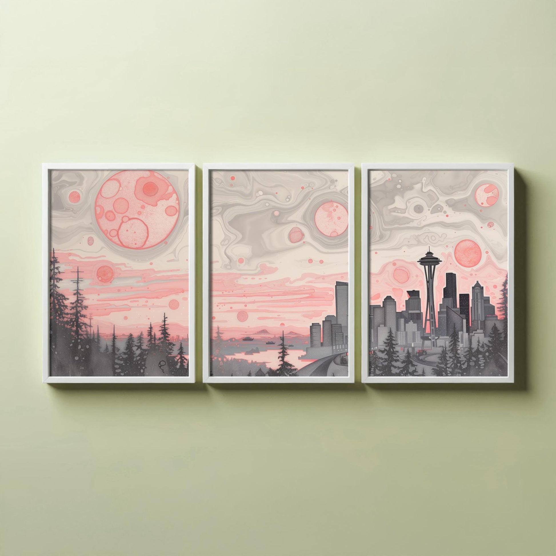 Seattle USA Set of Three Art Prints | Space Needle Skyline Wall Art | Pink Grey Poster Illustration