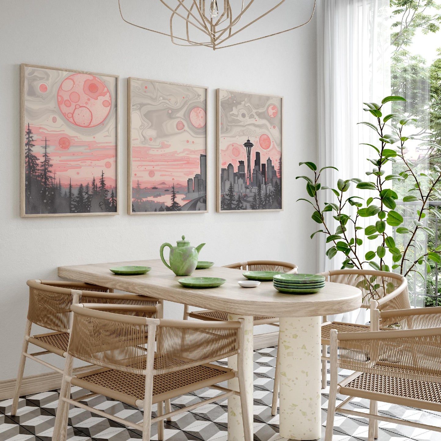 Seattle USA Set of Three Art Prints | Space Needle Skyline Wall Art | Pink Grey Poster Illustration