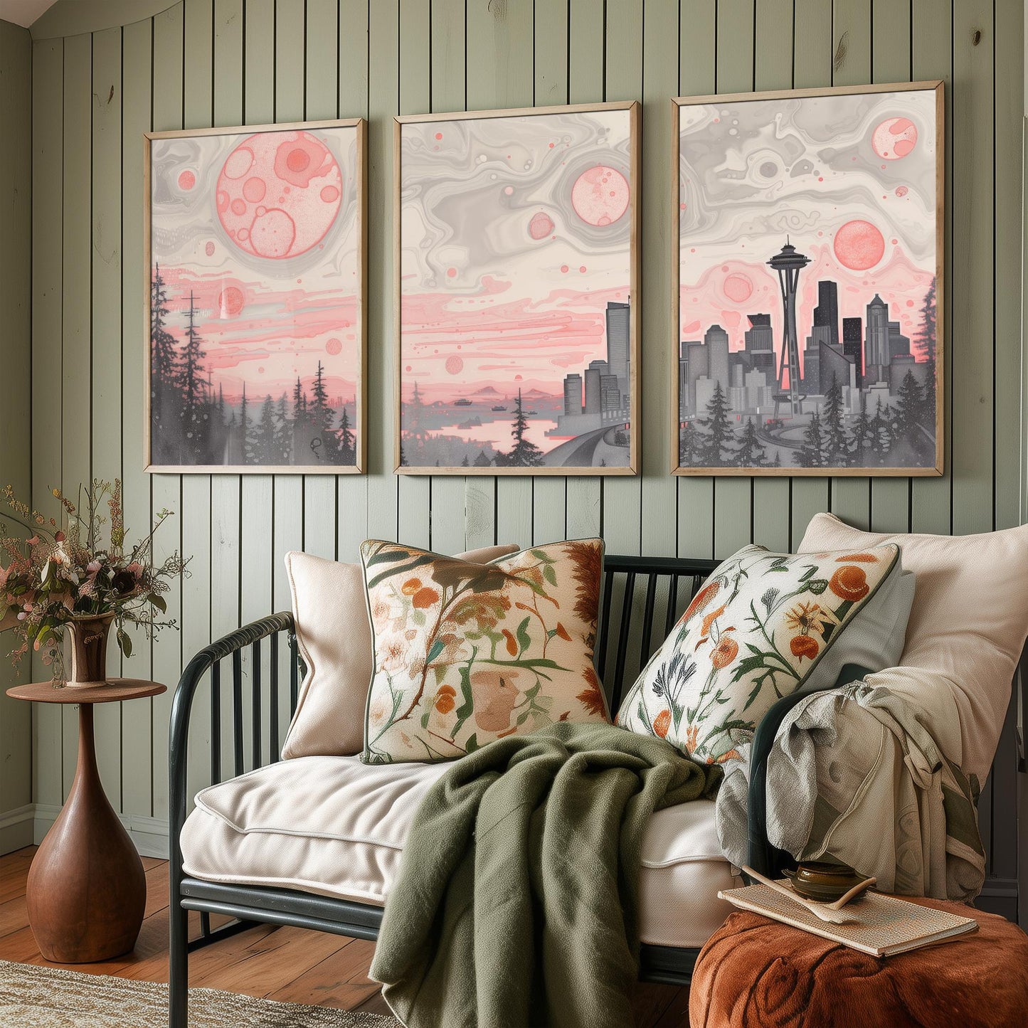 Seattle USA Set of Three Art Prints | Space Needle Skyline Wall Art | Pink Grey Poster Illustration