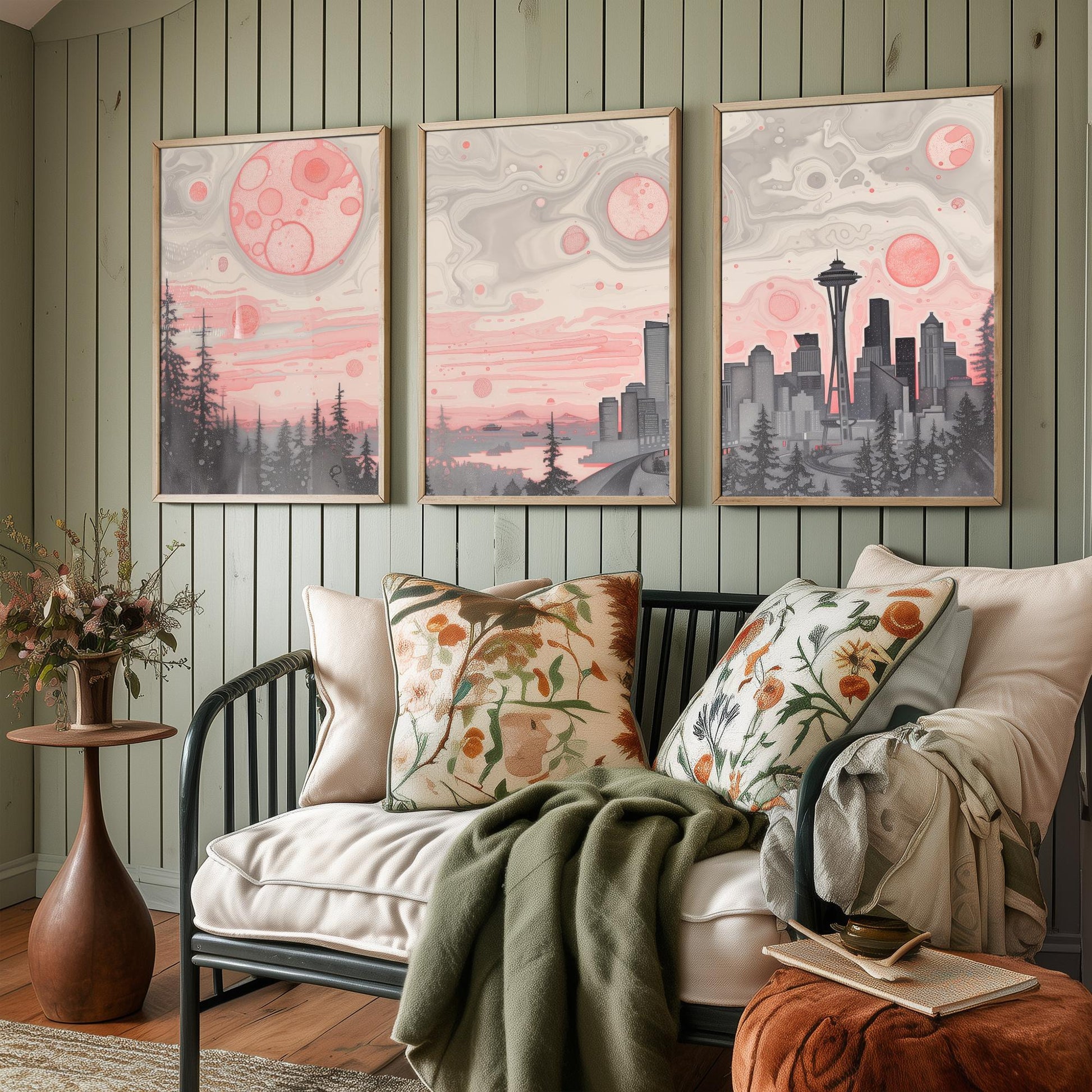 Seattle USA Set of Three Art Prints | Space Needle Skyline Wall Art | Pink Grey Poster Illustration