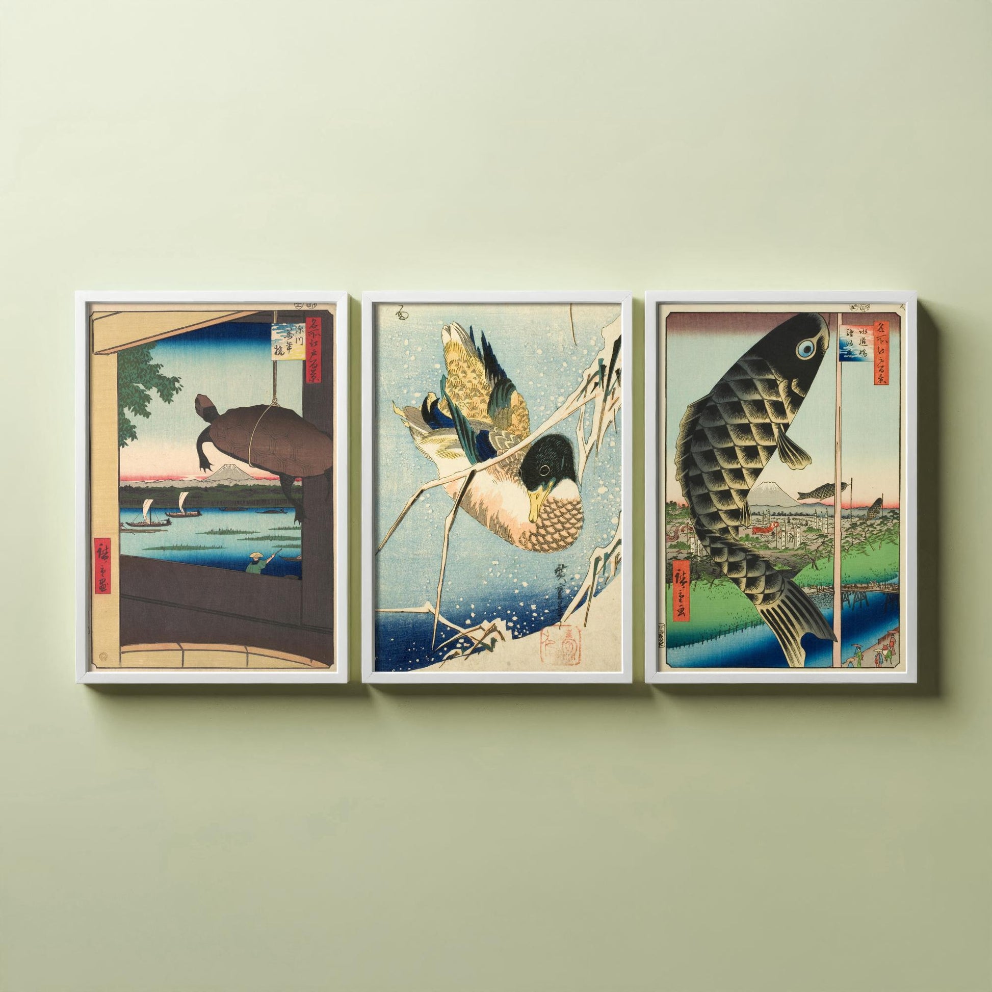 Utagawa Hiroshige Set of Three Art Prints | 3 Ukiyo-e Paintings | Mannen Bridge Wild Duck Suido Bridge Poster Wall Giclee