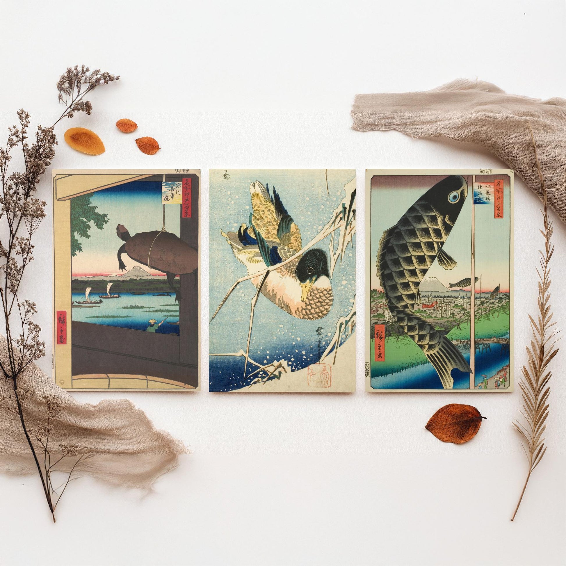 Utagawa Hiroshige Set of Three Art Prints | 3 Ukiyo-e Paintings | Mannen Bridge Wild Duck Suido Bridge Poster Wall Giclee