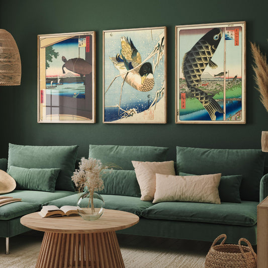 Utagawa Hiroshige Set of Three Art Prints | 3 Ukiyo-e Paintings | Mannen Bridge Wild Duck Suido Bridge Poster Wall Giclee