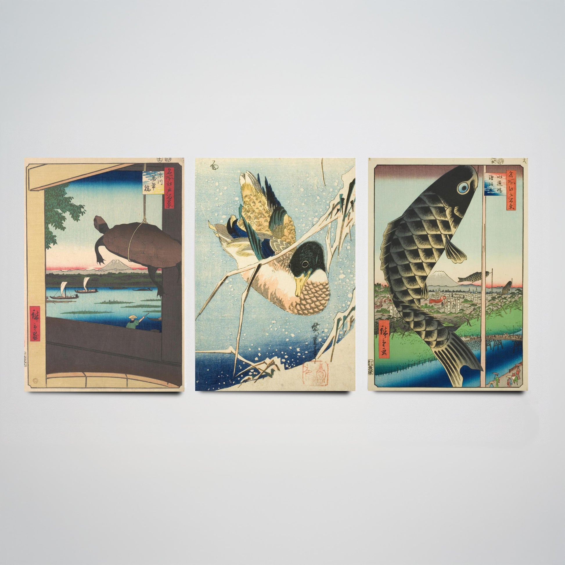 Utagawa Hiroshige Set of Three Art Prints | 3 Ukiyo-e Paintings | Mannen Bridge Wild Duck Suido Bridge Poster Wall Giclee