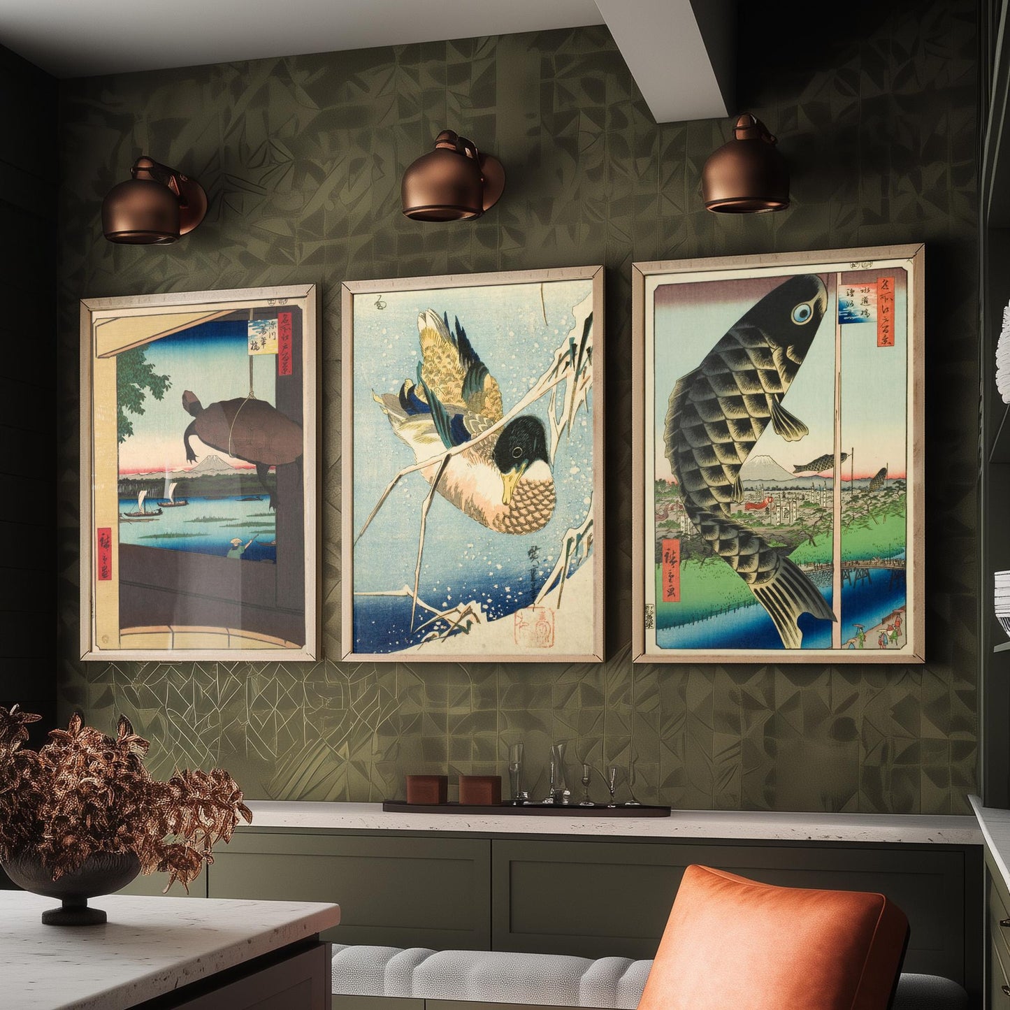 Utagawa Hiroshige Set of Three Art Prints | 3 Ukiyo-e Paintings | Mannen Bridge Wild Duck Suido Bridge Poster Wall Giclee