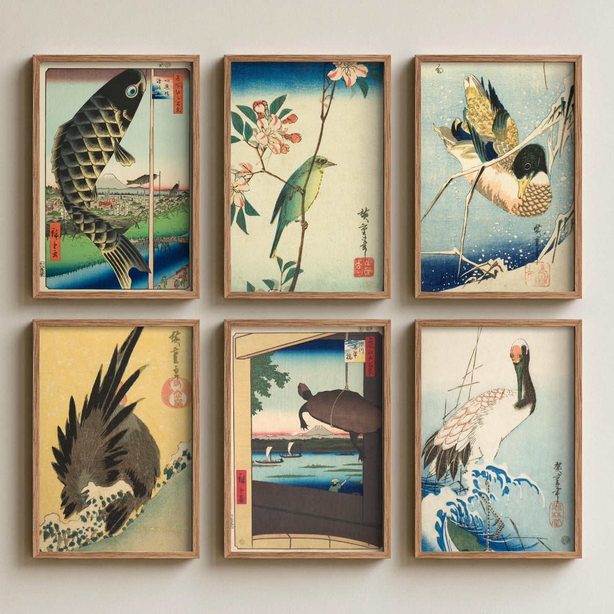 Set of Six Utagawa Hiroshige Animal Art Prints - 6 Japanese Woodcut Posters - Carp Streamer, White Eye, Duck, Rooster, Turtle, Crane