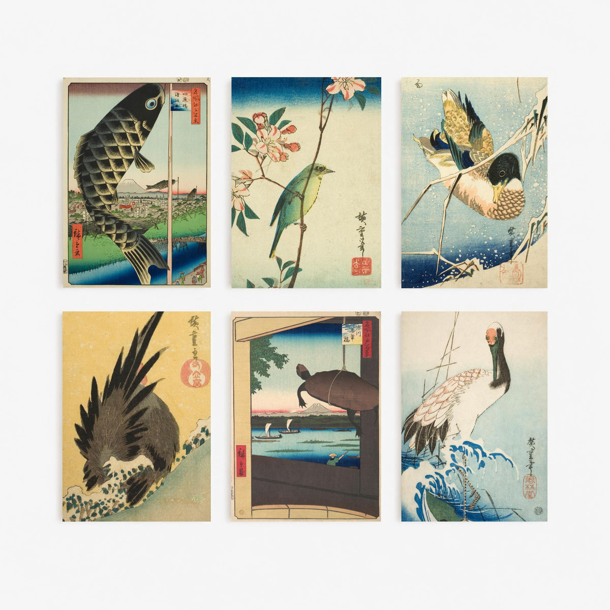 Set of Six Utagawa Hiroshige Animal Art Prints - 6 Japanese Woodcut Posters - Carp Streamer, White Eye, Duck, Rooster, Turtle, Crane