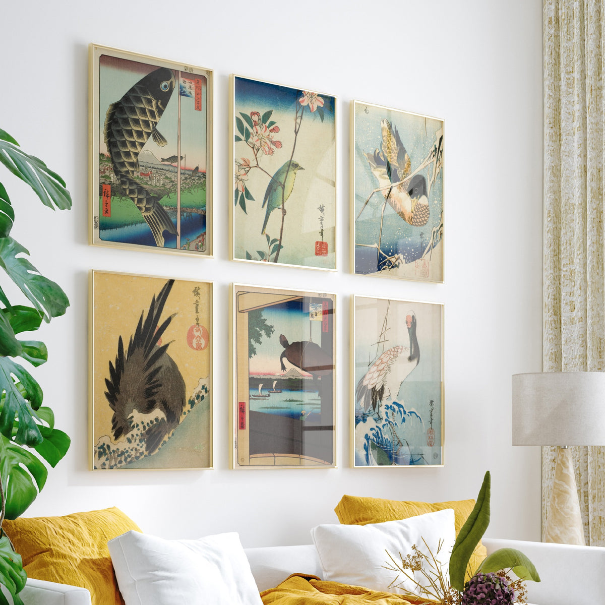 Set of Six Utagawa Hiroshige Animal Art Prints - 6 Japanese Woodcut Posters - Carp Streamer, White Eye, Duck, Rooster, Turtle, Crane