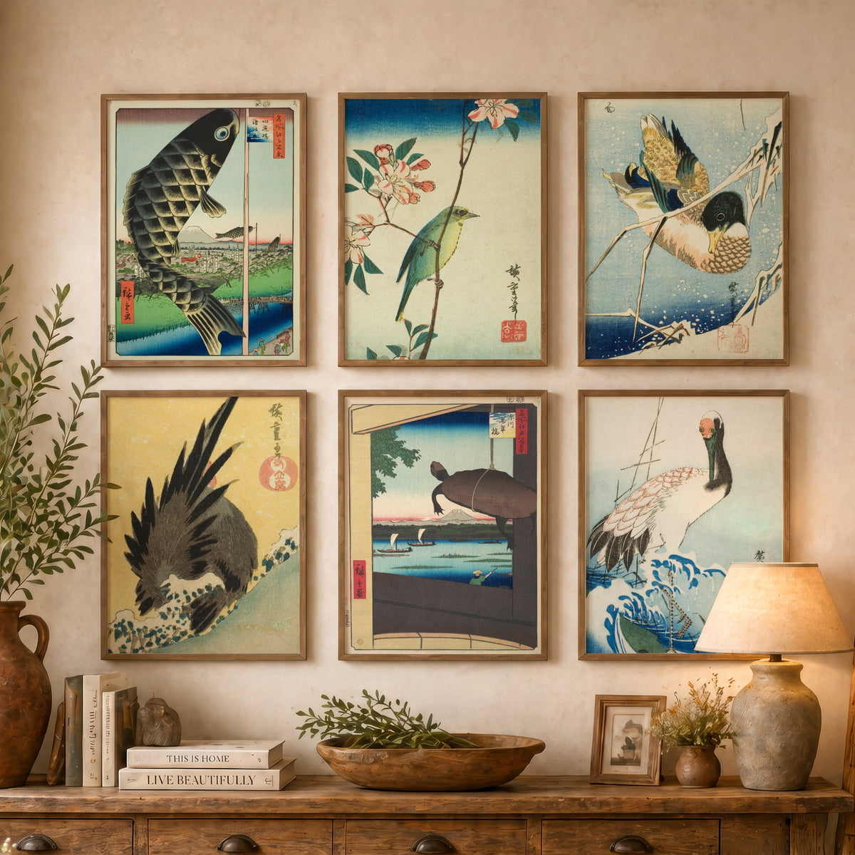 Set of Six Utagawa Hiroshige Animal Art Prints - 6 Japanese Woodcut Posters - Carp Streamer, White Eye, Duck, Rooster, Turtle, Crane