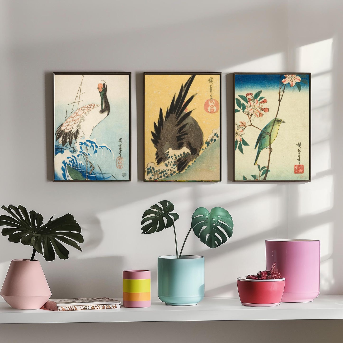 Utagawa Hiroshige Set of Three Art Prints | 3 Ukiyo-e Bird Paintings | Crane and Waves Rooster White-Eye Poster Wall Giclee