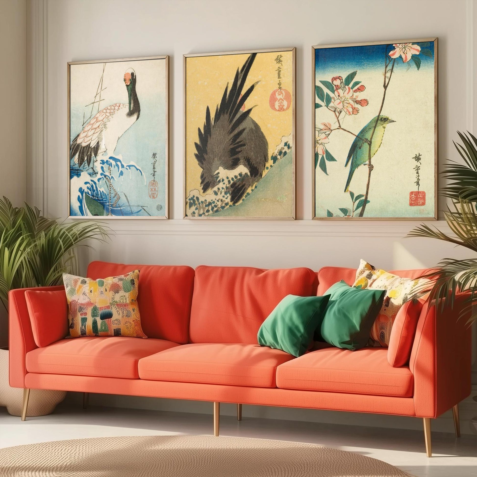 Utagawa Hiroshige Set of Three Art Prints | 3 Ukiyo-e Bird Paintings | Crane and Waves Rooster White-Eye Poster Wall Giclee
