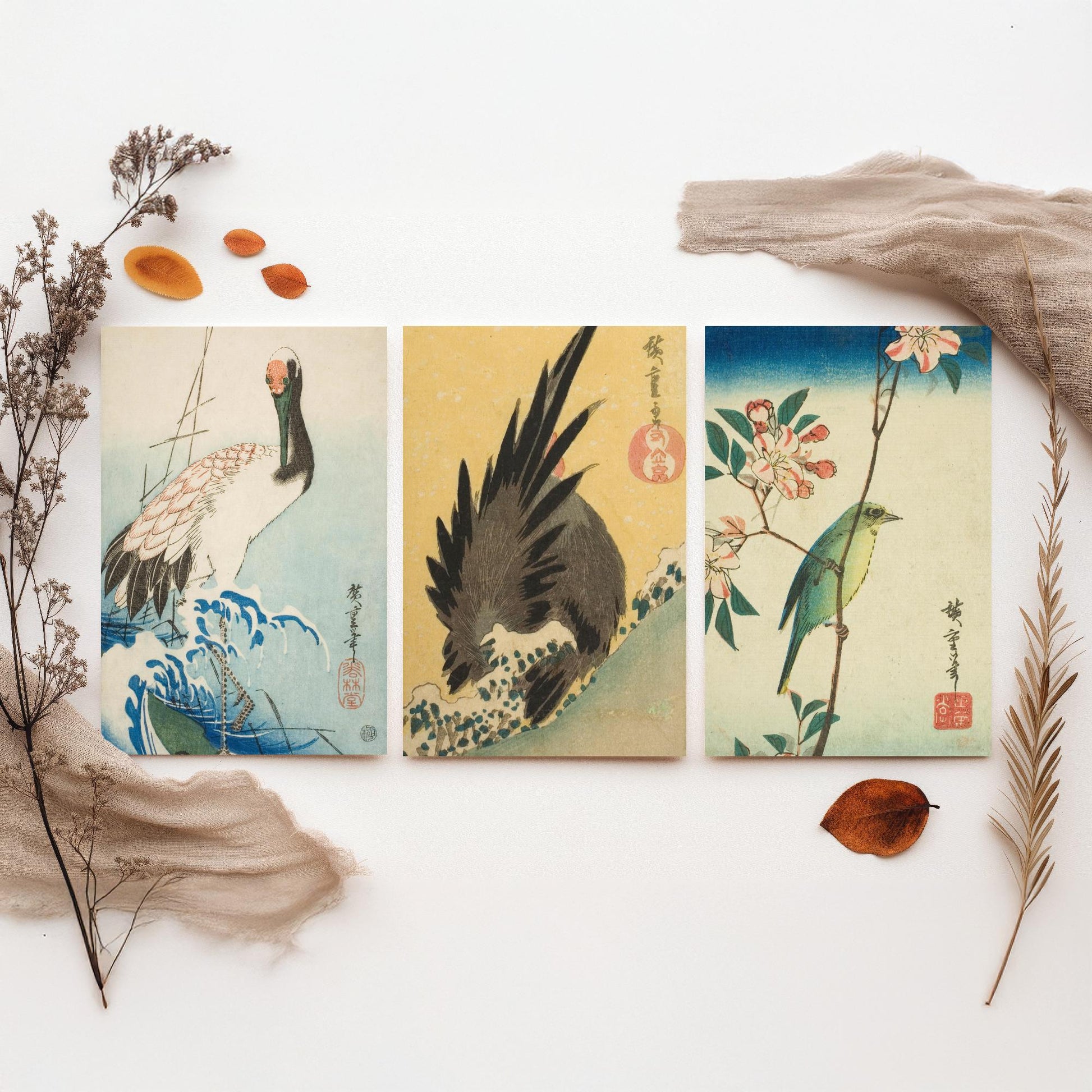 Utagawa Hiroshige Set of Three Art Prints | 3 Ukiyo-e Bird Paintings | Crane and Waves Rooster White-Eye Poster Wall Giclee