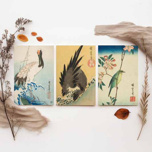 Utagawa Hiroshige Set of Three Art Prints | 3 Ukiyo-e Bird Paintings | Crane and Waves Rooster White-Eye Poster Wall Giclee