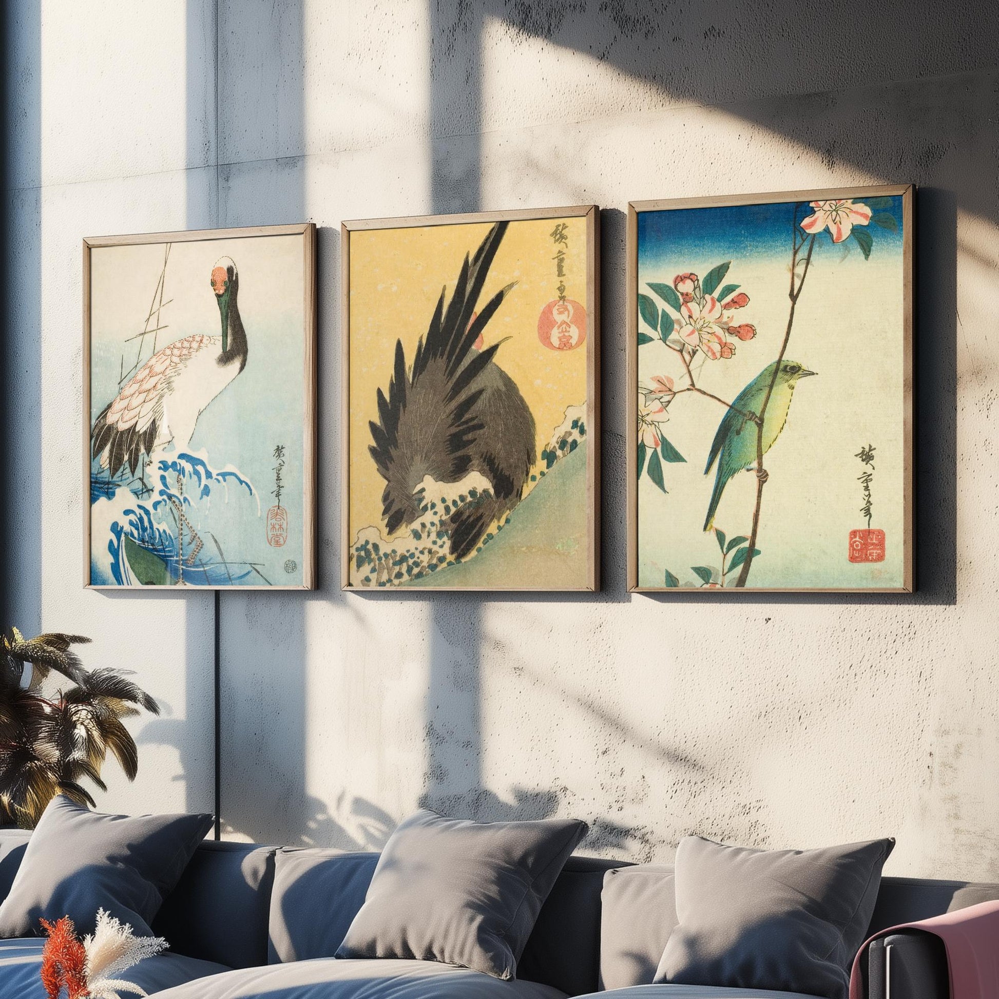 Utagawa Hiroshige Set of Three Art Prints | 3 Ukiyo-e Bird Paintings | Crane and Waves Rooster White-Eye Poster Wall Giclee