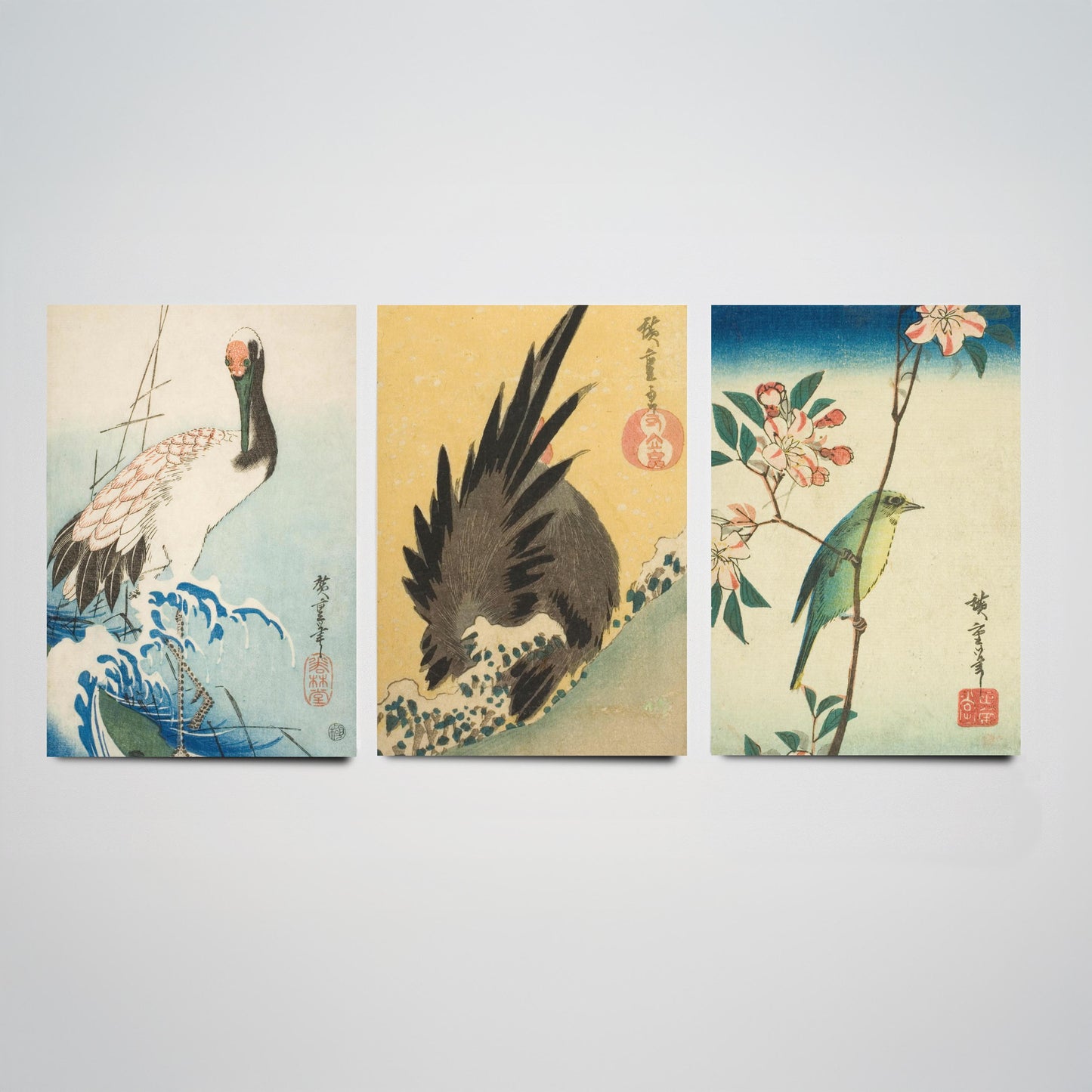Utagawa Hiroshige Set of Three Art Prints | 3 Ukiyo-e Bird Paintings | Crane and Waves Rooster White-Eye Poster Wall Giclee