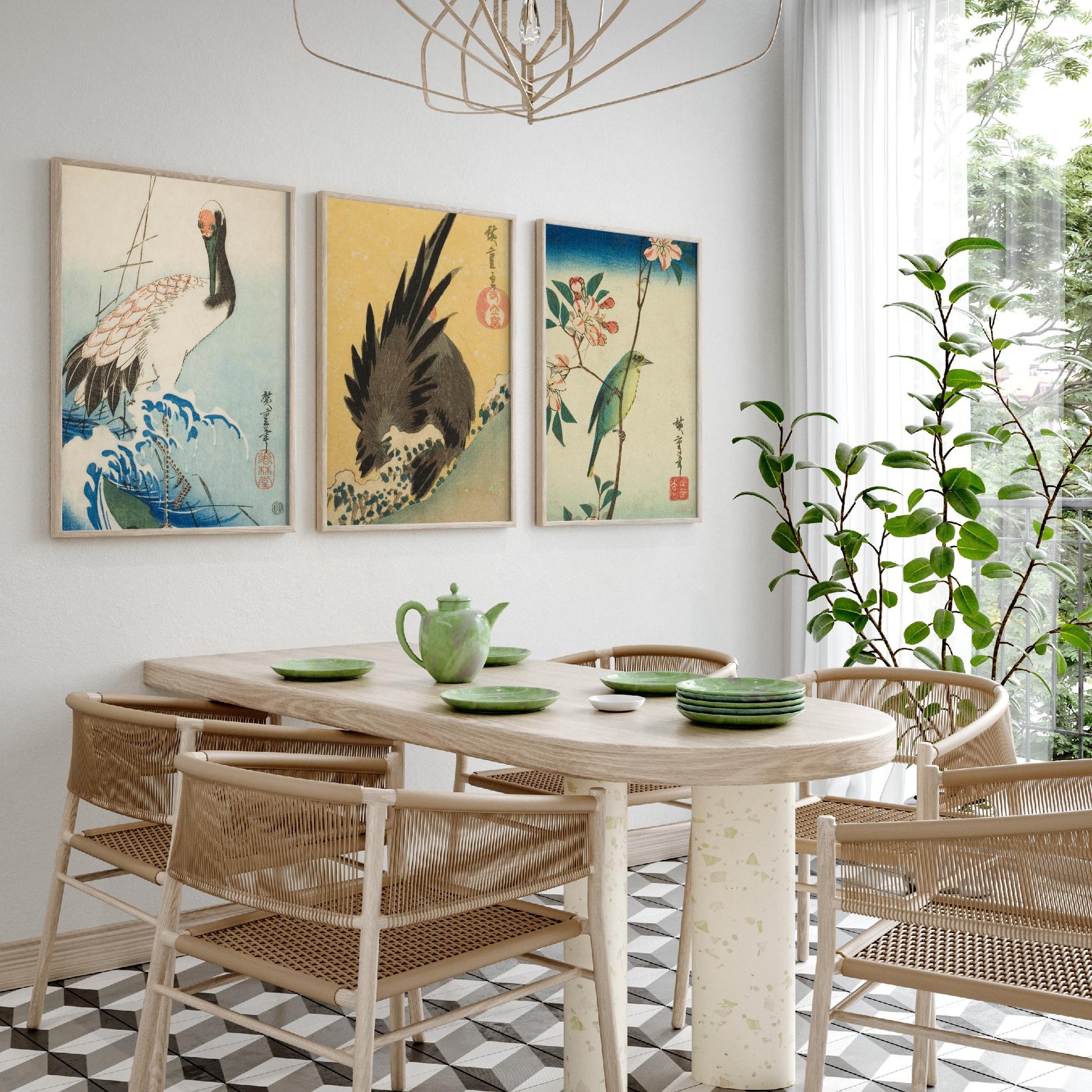 Utagawa Hiroshige Set of Three Art Prints | 3 Ukiyo-e Bird Paintings | Crane and Waves Rooster White-Eye Poster Wall Giclee