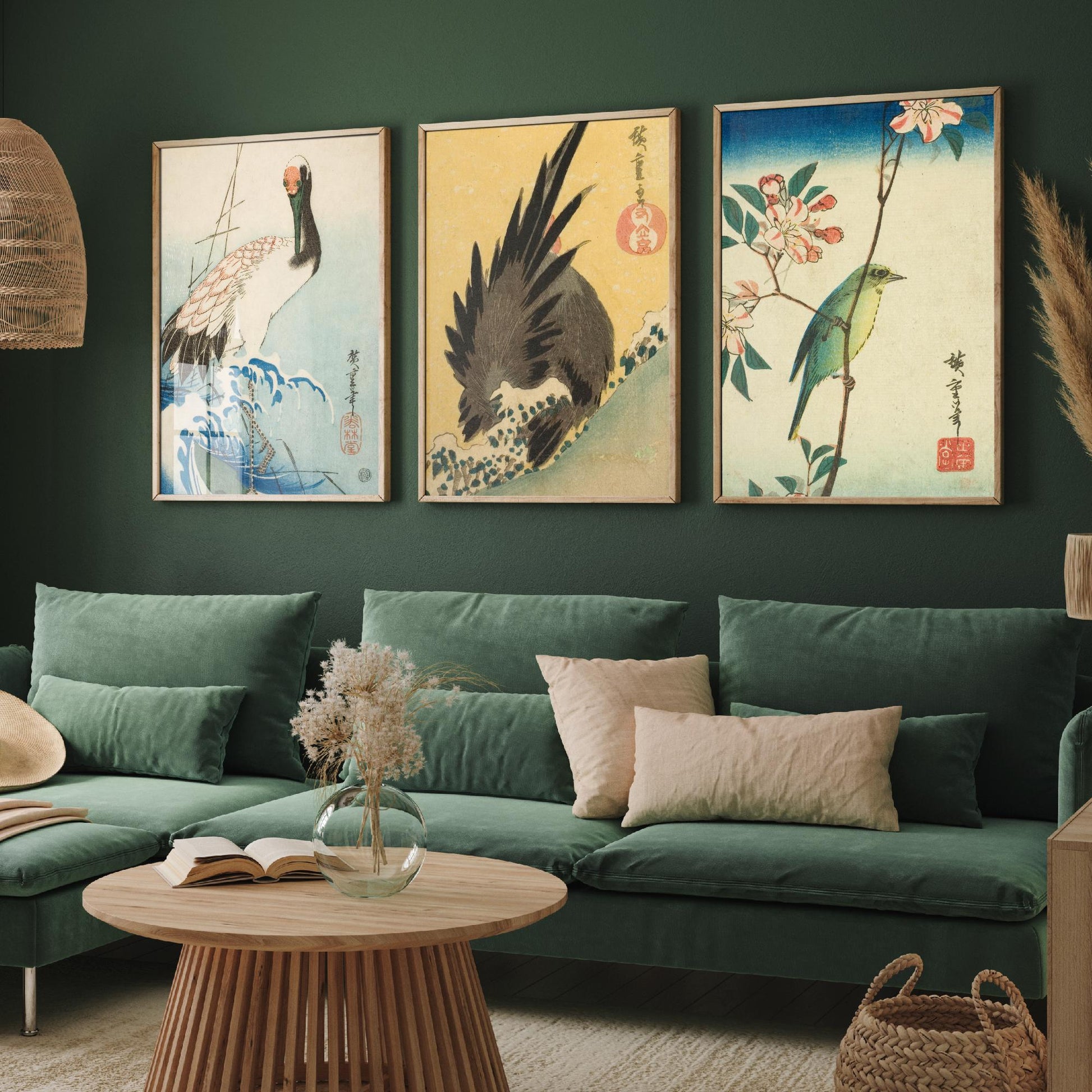 Utagawa Hiroshige Set of Three Art Prints | 3 Ukiyo-e Bird Paintings | Crane and Waves Rooster White-Eye Poster Wall Giclee