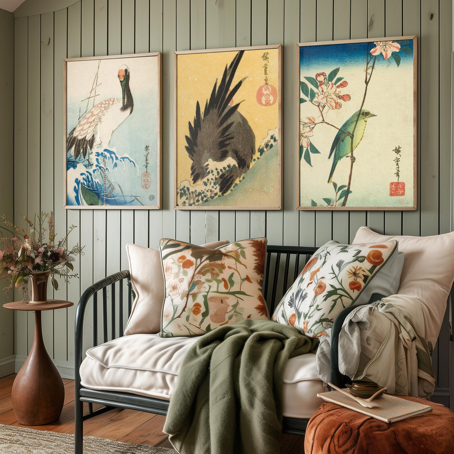 Utagawa Hiroshige Set of Three Art Prints | 3 Ukiyo-e Bird Paintings | Crane and Waves Rooster White-Eye Poster Wall Giclee